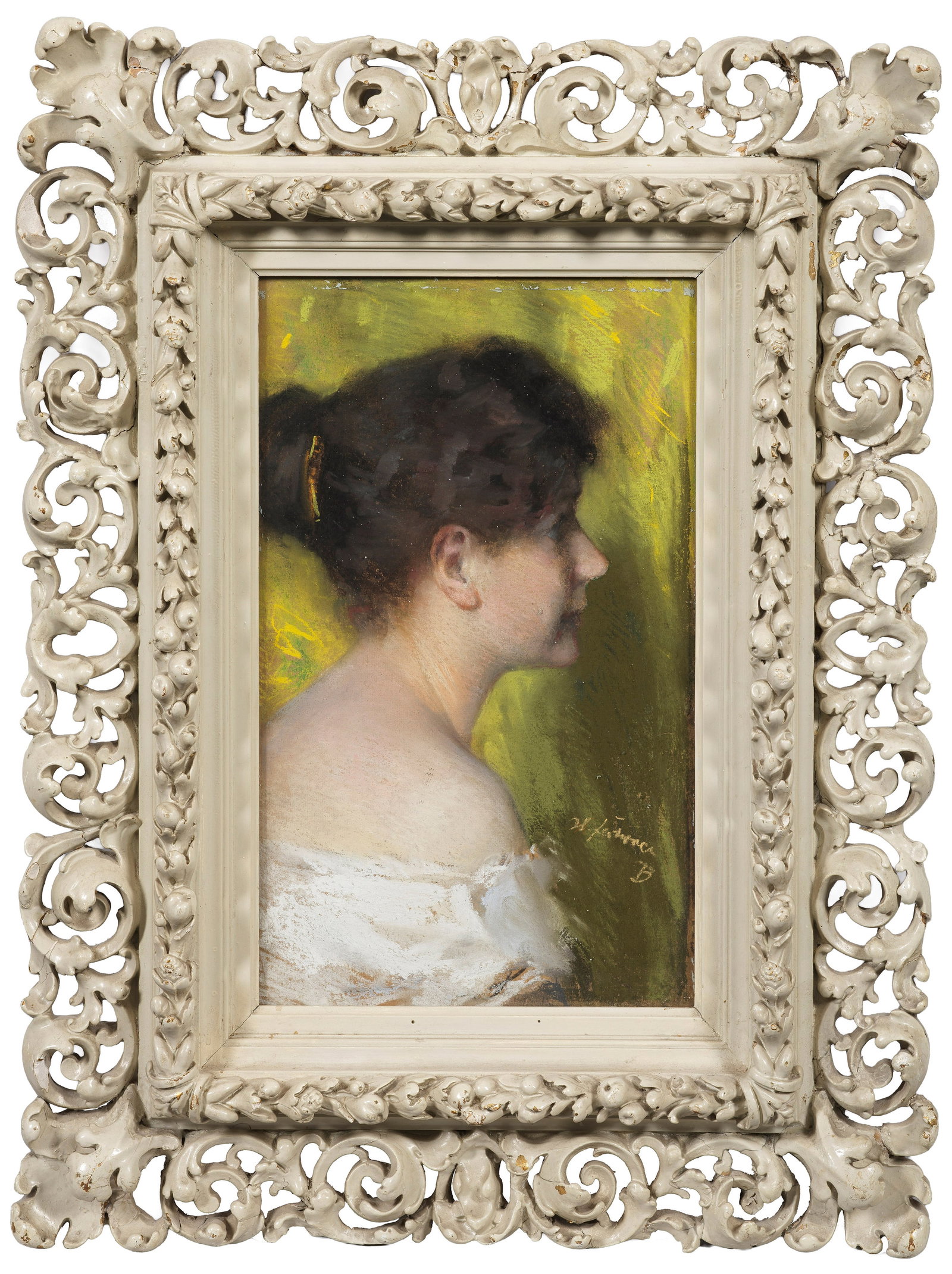 Porträtist des Fin de Siècle: (Tätig Ende 19. Jh./Anfang 20. Jh.) Elegantes Damenbildnis Vor neutralem Grund die junge Dame mit hochgestecktem, braunem Haar im Profil. In subtiler Charakterisierung und weich-pastosem Strich