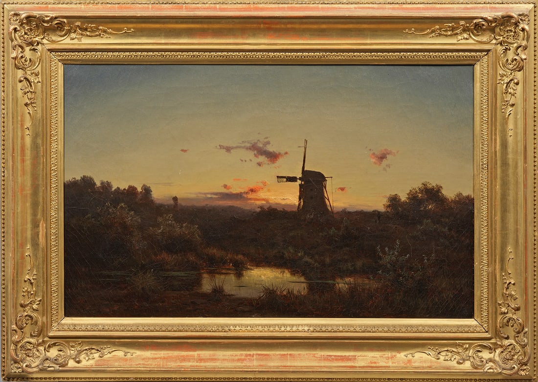 Bernhard Moritz Girscher: (1822 Rothenburg - 1870 Berlin) Die Windmühle von Potsdam im Sonnenuntergang In äußerst effektvoller Licht-Schatten-Behandlung angelegte Landschaftsimpression, in der sich die Silhouette einer