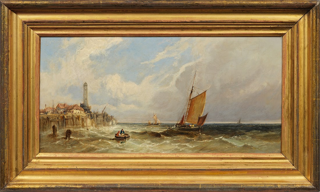 James Edwin Meadows: (1828 Mountnessing - 1888) "Fishing vessels in a light breeze, a coastal town beyond". Originaltitel Vor der Kulisse eines malerischen, englischen Hafenstädtchens verlassen Segler und ein Ruderboot