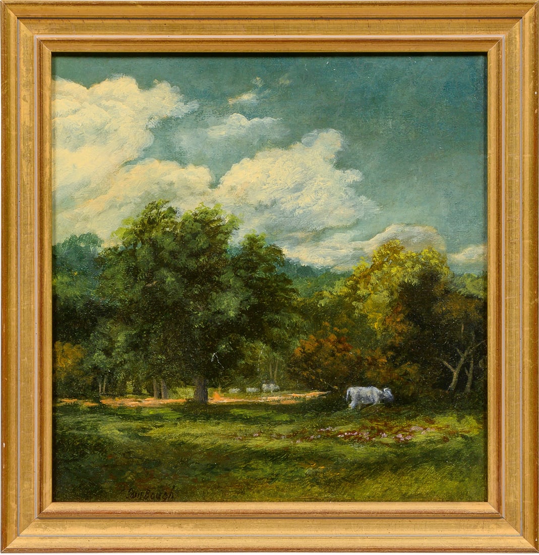 Samuel Bough: (1822 Carlisle - 1878 Edinburgh) "In Cadzow Forest". Originaltitel Unter dramatisch dunkel gefärbtem Himmel öffnet sich der Blick auf eine Waldlichtung mit weidendem, weißen Rind. Stimmungsvolle