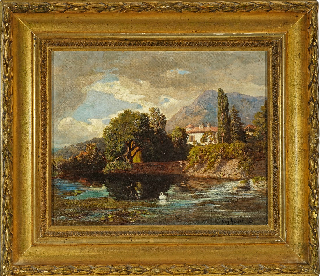 Eugène Faure: (1822 Seyssinet/Isère - 1879 Paris) Das Haus am Fluss Stimmungsvolle Ansicht malerischer Häuser an einem idyllisch gelegenen Fluss, im Hintergrund Berge. Faure hegte zunächst den Wunsch Bildhauer z