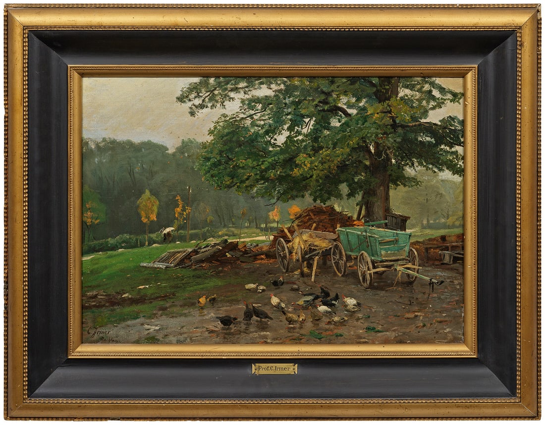 Carl Irmer: (1834 Babitz/Brandenburg - 1900 Düsseldorf) Bauernkarren Lichtdurchflutete Ansicht Irmers, die einen großen Baum am Rande eines Hofes schildert, unter dem Karren, Heu und Holzschutt lagern, im