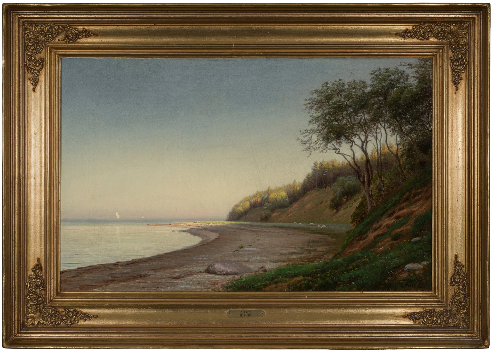 Andreas Fritz: (1828 Mou b. Aalborg - 1906 Louisenhøj b. Marselisborg) Abend an der Ostseeküste Idyllisch und friedvoll gestimmte Küstenimpression mit einsamen Seglern am Horizont und einer ruhig grasenden Schafs