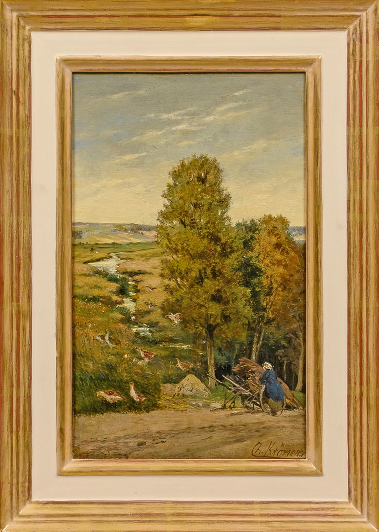 Christian Kröner: (1838 Rinteln - 1911 Düsseldorf) Landschaft mit Bachlauf und Rebhühnern An einem kleinen Wildbach, der sich sanft durch das flache Land schlängelt, tummeln sich zahlreiche Rebhühner, während im
