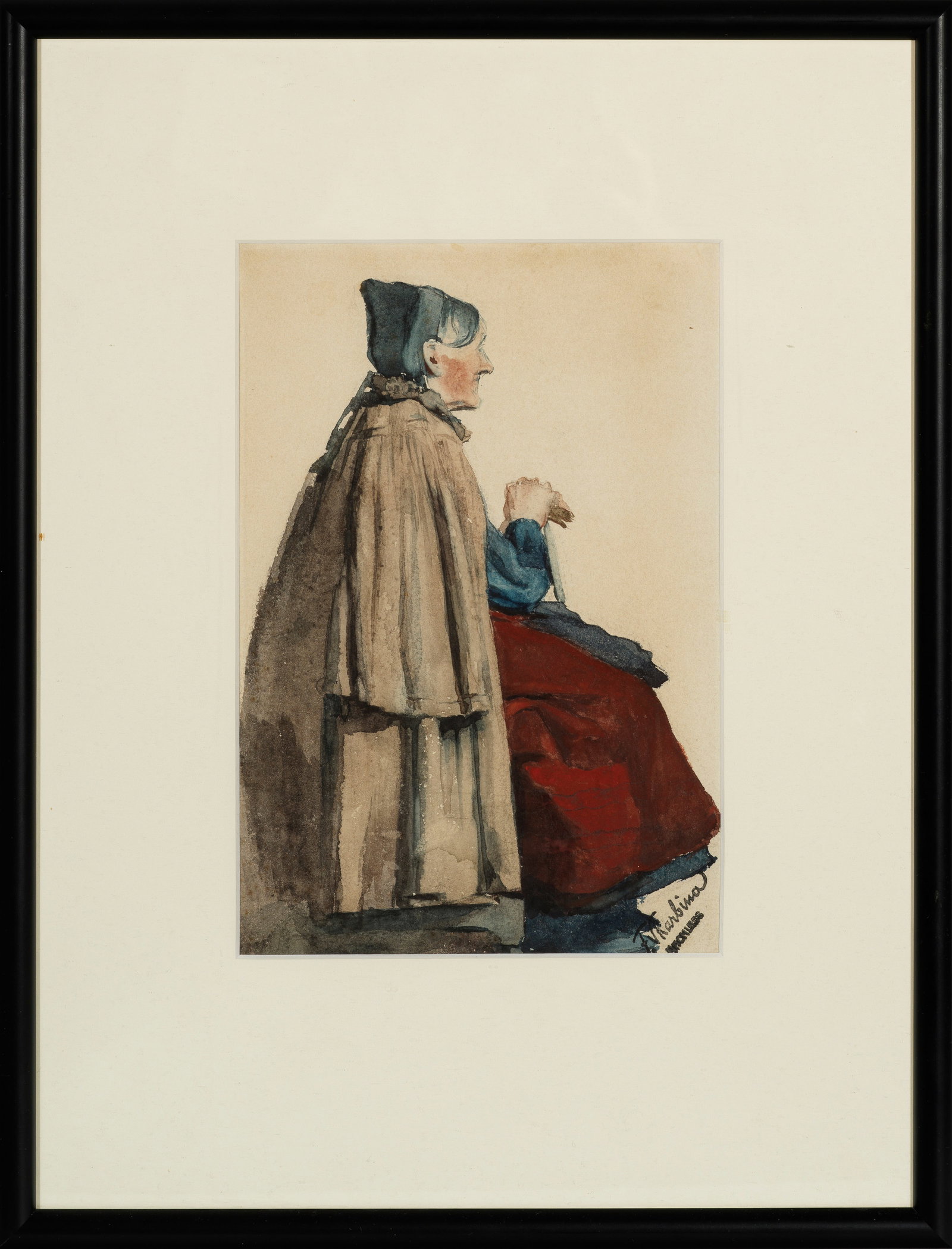 Franz Skarbina: (1849 Berlin - 1910 ebenda) Bildnis einer Greisin Seitliche Darstellung einer sitzenden, ältere Frau mit Haube, Umhang und Gehstock, die ihren Blick in die Ferne schweifen lässt. Skarbina war