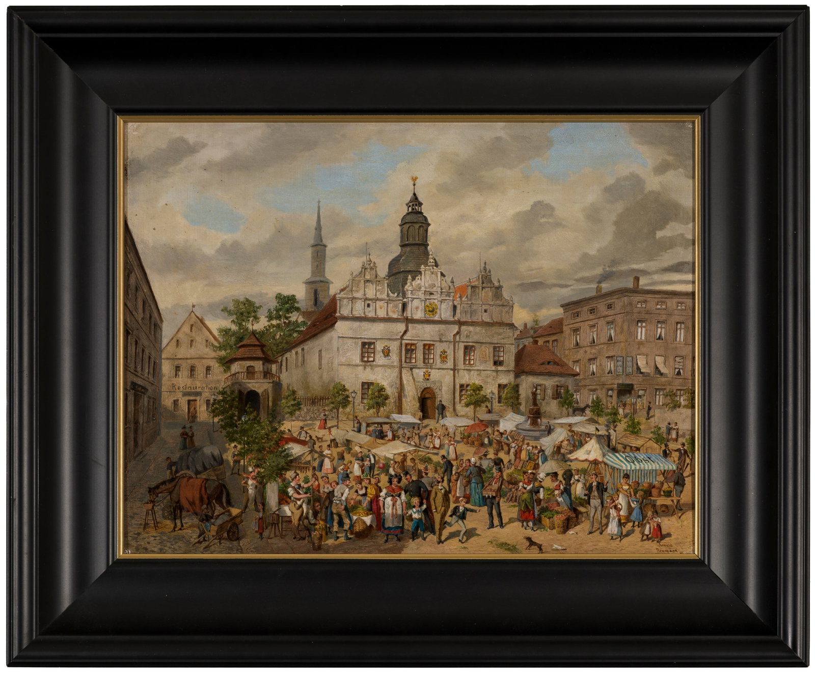 Arnold Neumann: (Tätig um 1856 - 1903 in Berlin) Belebter Marktplatz in Mies Äußerst detailreiche, fein gemalte Ansicht des von unzähligen Figuren, Marktständen und Tieren belebten Marktplatzes in Mies in Böhme