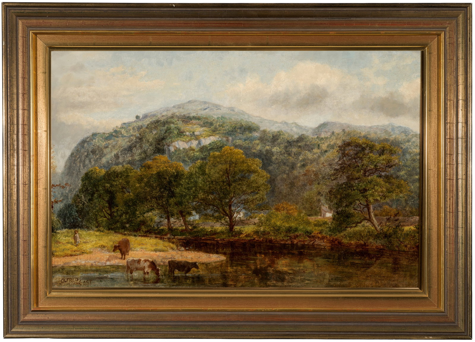 Alfred East: (1849 Kettering/Northamptonshire - 1913 London) Englische Landschaft mit Kuhhirtin am Flussufer East wurde durch die Schule von Barbizon beeinflusst. Seit 1883 stellte er regelmäßig in der Royal Aca
