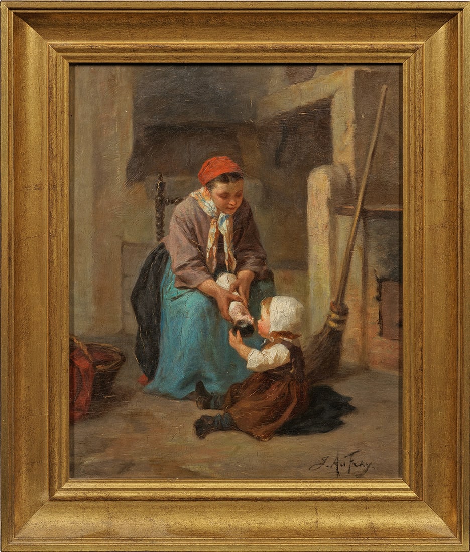 Joseph Athanase Aufray: (1836 Paris - 1885) Die Lieblingspuppe In subtil nuanciertem Kolorit und feinem Pinselstrich gemalte, einfühlsam inszenierte Genreszene, die eine Mutter mit ihrem Kleinkind in einer bäuerlichen