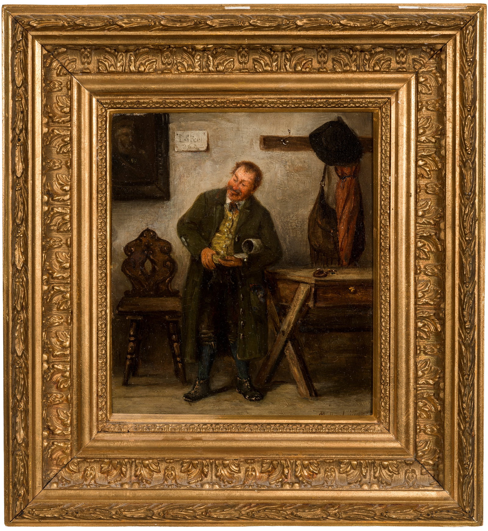 Albert Müller-Lingke: (1844 Altenburg - 1930 München) Der Notgroschen Feinmalerische, in erdigen Tönen gemalte Wirtshausszene mit einem Biertrinker, der seine Westentasche nach dem letzten Groschen für ein weiteres