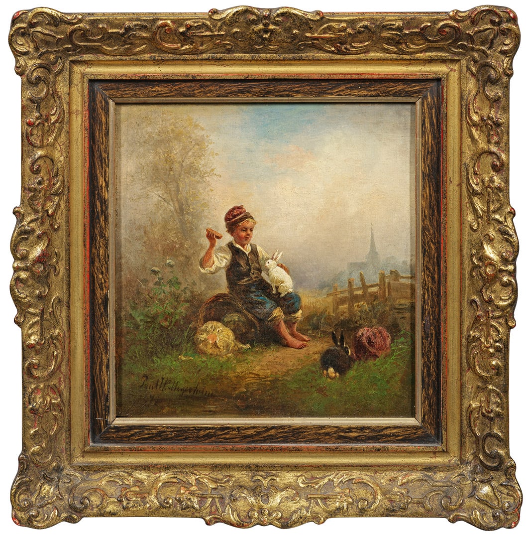 Paul Wilhelm Meyerheim: (1848 Berlin - 1900 Charlottenburg) Knabe mit Kaninchen Feinfühlig und subtil inszenierte Genreszene eines Knaben, der am Feldrand vor den Toren der Stadt, Kaninchen mit Brot und Kohl füttert. Der