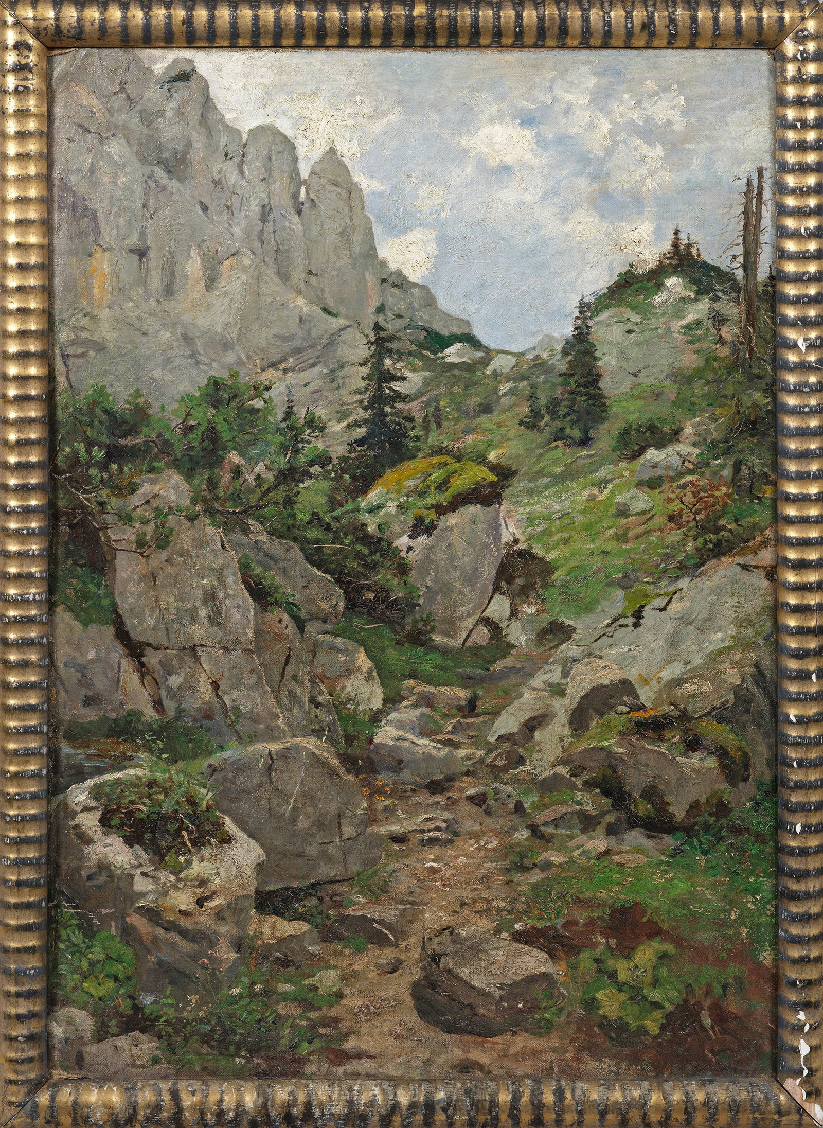Oskar Graef: (1861 Plauen/Vogtland - 1912 ebenda) Partie in den Bergen In eindrucksvoller Darstellung unberührter Natur schildert Graef einen felsigen, saftig-grün bewachsenen Gebirgsweg kurz vor der Baumgrenze,