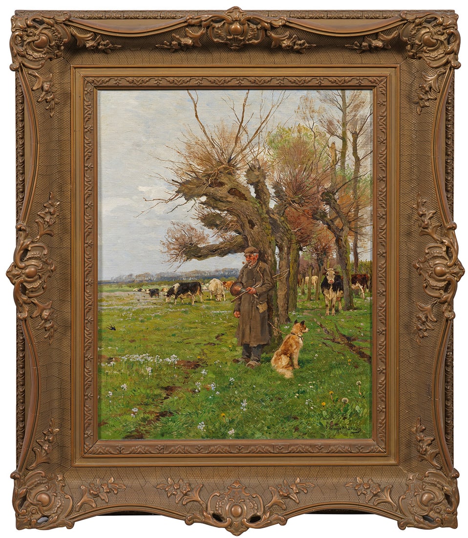 Hugo Mühlig: (1854 Dresden - 1929 Düsseldorf) "Niederrheinischer Kuhhirt". Originaltitel Auf einer frühlingshaft blühenden, saftigen Wiese mit Kopfweiden, eine friedlich grasende Kuhherde, begleitet vom Hirten