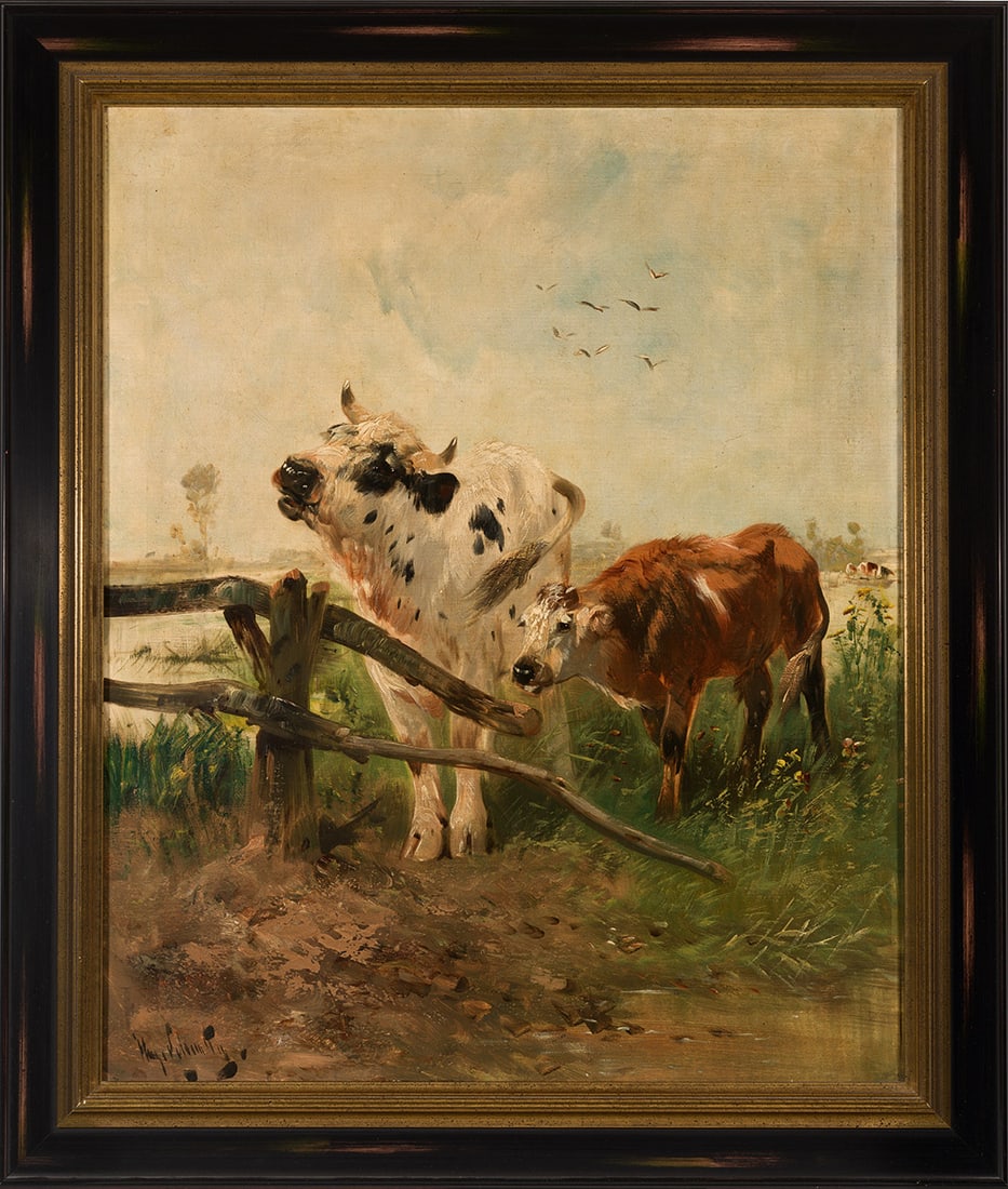 Henri Schouten: (1857/64 Niederländisch-Indonesien - 1927 Brüssel oder Gent) Zwei Kühe an einem durchbrochenen Gatter Mit lockerem, weich pastosem Duktus gemalte, lebendig erfasste Darstellung. Schouten entwickelt