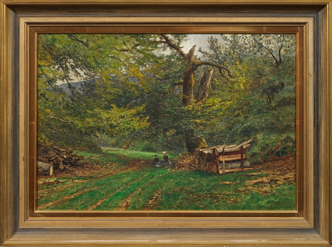 Ascan Lutteroth: (1842 Hamburg - 1923 ebenda) Frühlingswald mit Rastenden am Wegesrand Auf einer saftig grünen Wiese neben einem Stapel Holz eine am Wegesrand unter den dichten von Sonnenstrahlen durchfluteten Laubb