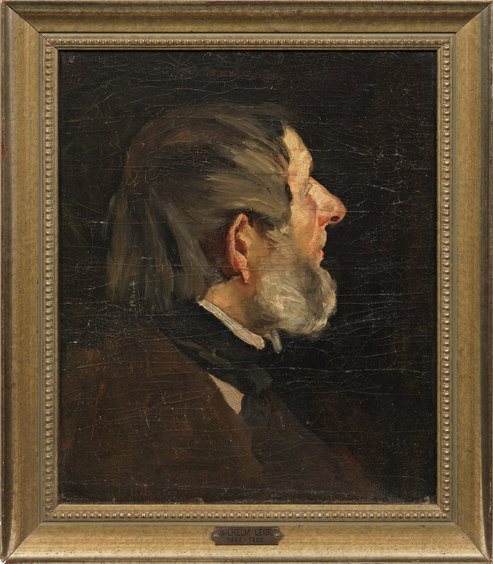 Wilhelm Leibl: (1844 Köln - 1900 Würzburg) Bildnis eines alten Mannes im verlorenen Profil Die ungeschönte Darstellung des charaktervollen Kopfes entspricht der Intention Leibls, der als einer der bedeutendsten d