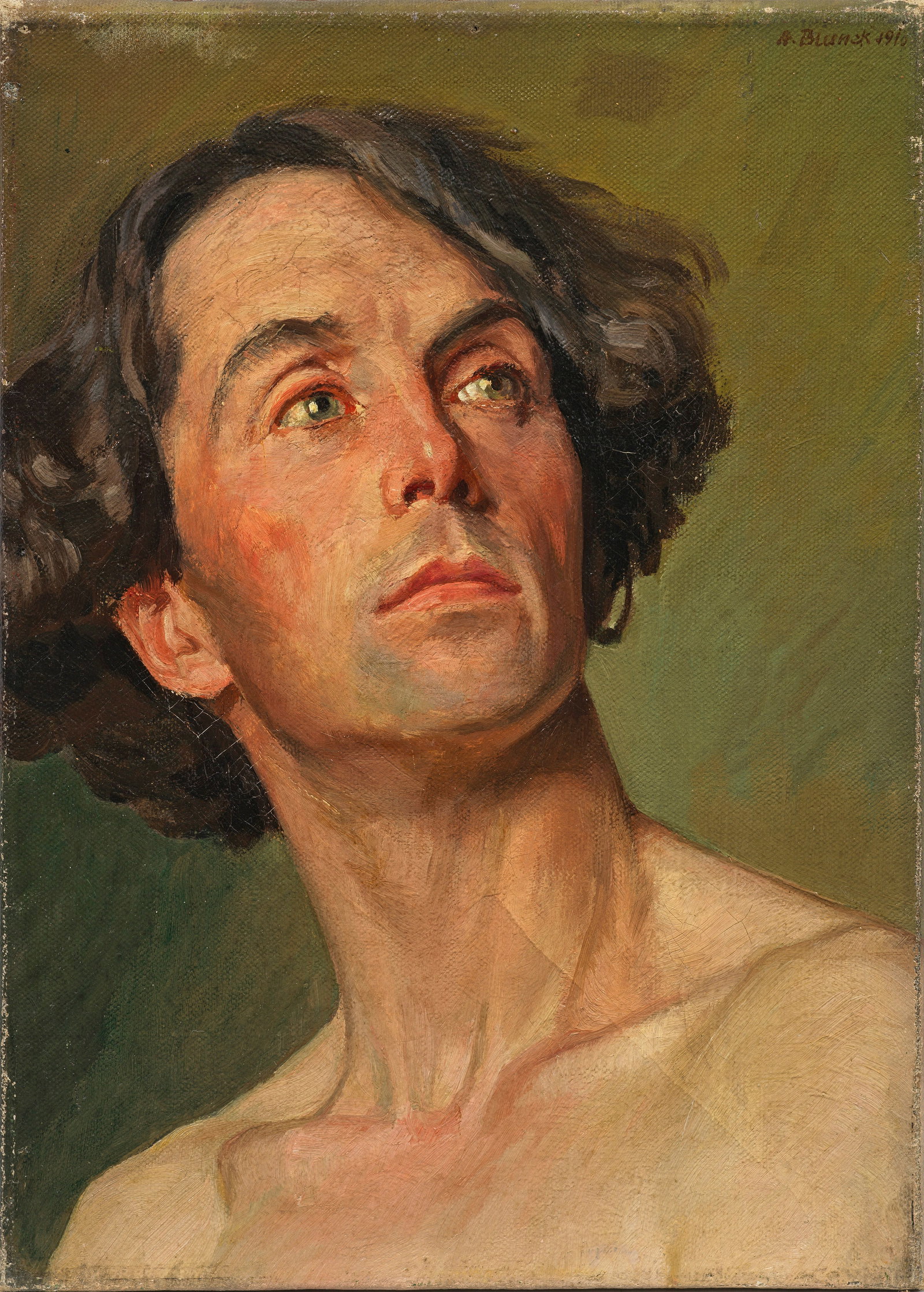 August Blunck: (1858 Hamburg-Altona - 1946 Berlin) Bildnis eines jungen Mannes Mit äußerst lebendigem Inkarnat und melancholischem Blick in die Ferne schildert Blunck den jungen Mann mit wallendem, dunklem Haar.
