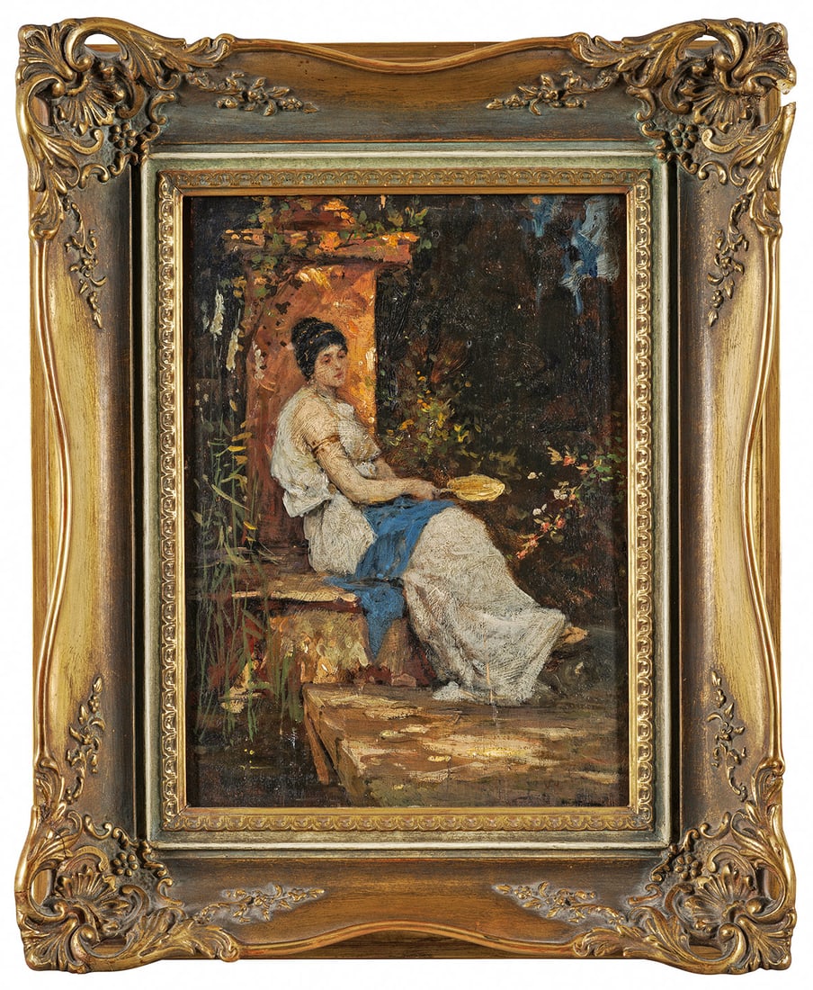 Wilhelm Reuter: (1859 Karlsruhe - 1937) Träumerei im Schatten der Bäume In eine Tunica gehüllte Römerin mit Schlangenreif am Oberarm. Antikisierendes Genremotiv im Stil des Belgiers Alma Tadema. Reuter studierte