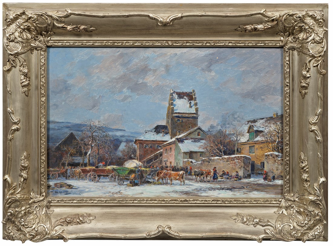 Karl Stuhlmüller: (1858 München - 1930 ebenda) Viehmarkt vor den Toren der Stadt Winterliche, lebendig geschilderte Szene mit Viehhändlern, Pferdewagen, Bauern und Mägden auf pittoreskem Marktplatz vor einer bayeris
