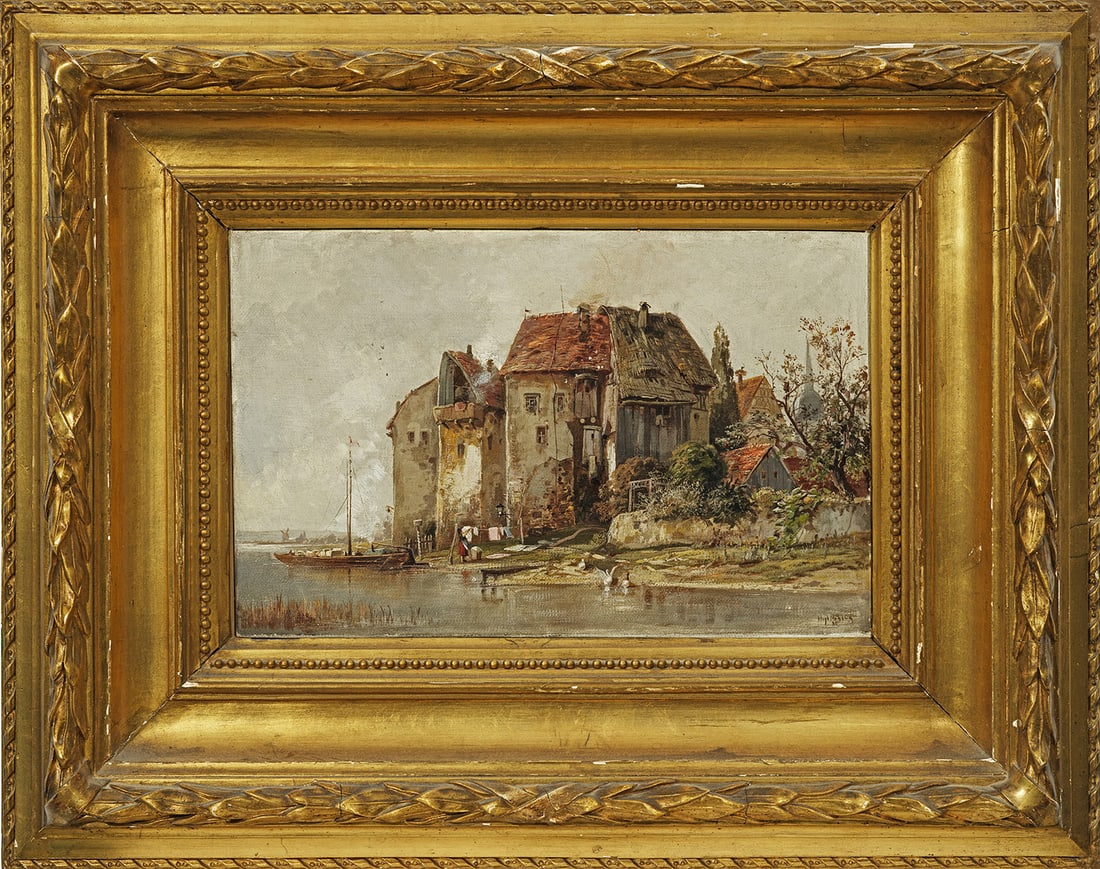 Hugo Mühlig: (1854 Dresden - 1929 Düsseldorf) Dorfidylle am Fluss Mit raschem, feinem Pinselstrich und subtil nuancierter Palette ausgeführte Ansicht eines beschaulichen Dorfes am Ufer eines idyllisch gelegenen 