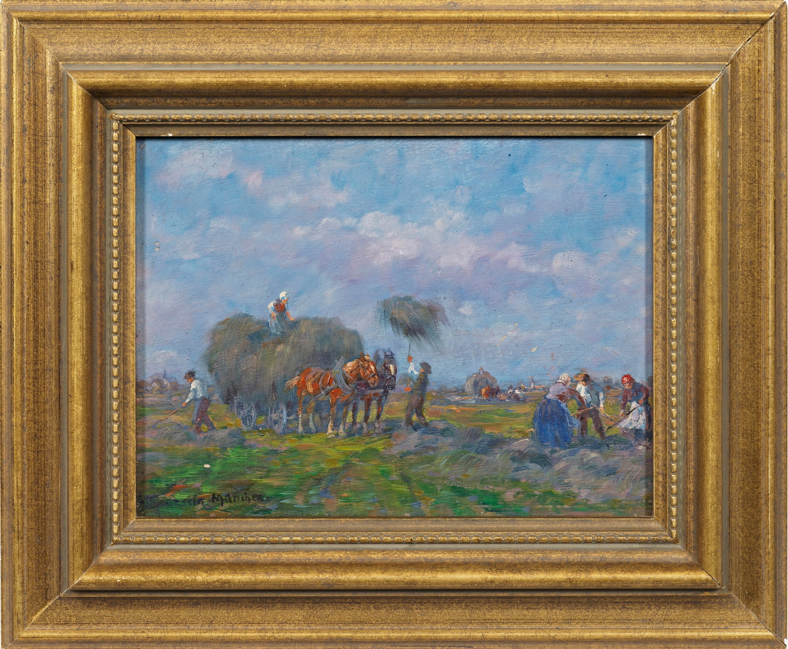 Désiré Thomassin: (1858 Wien - 1933 München) Bauern bei der Heuernte In sommerlich hellem Kolorit gemalte, stimmungsvolle Szenerie. Thomassin, der bei Wilhelm von Diez studierte und von diesem stark beeinflusst