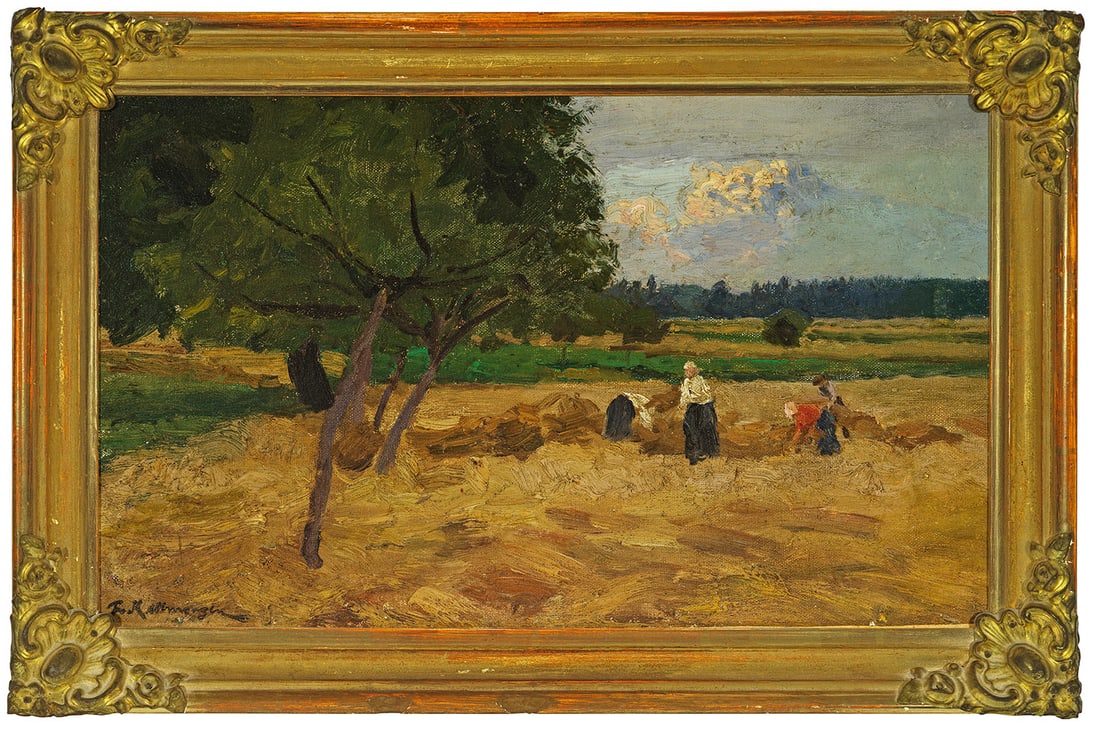 Friedrich Kallmorgen: (1856 Altona - 1924 Grötzingen/Karlsruhe) Bei der Heuernte Spätsommerlich gestimmte Landpartie mit vier Feldarbeitern bei der Heuernte. Unmittelbar eingefangenes, mit breiten, energischen Pinselstri