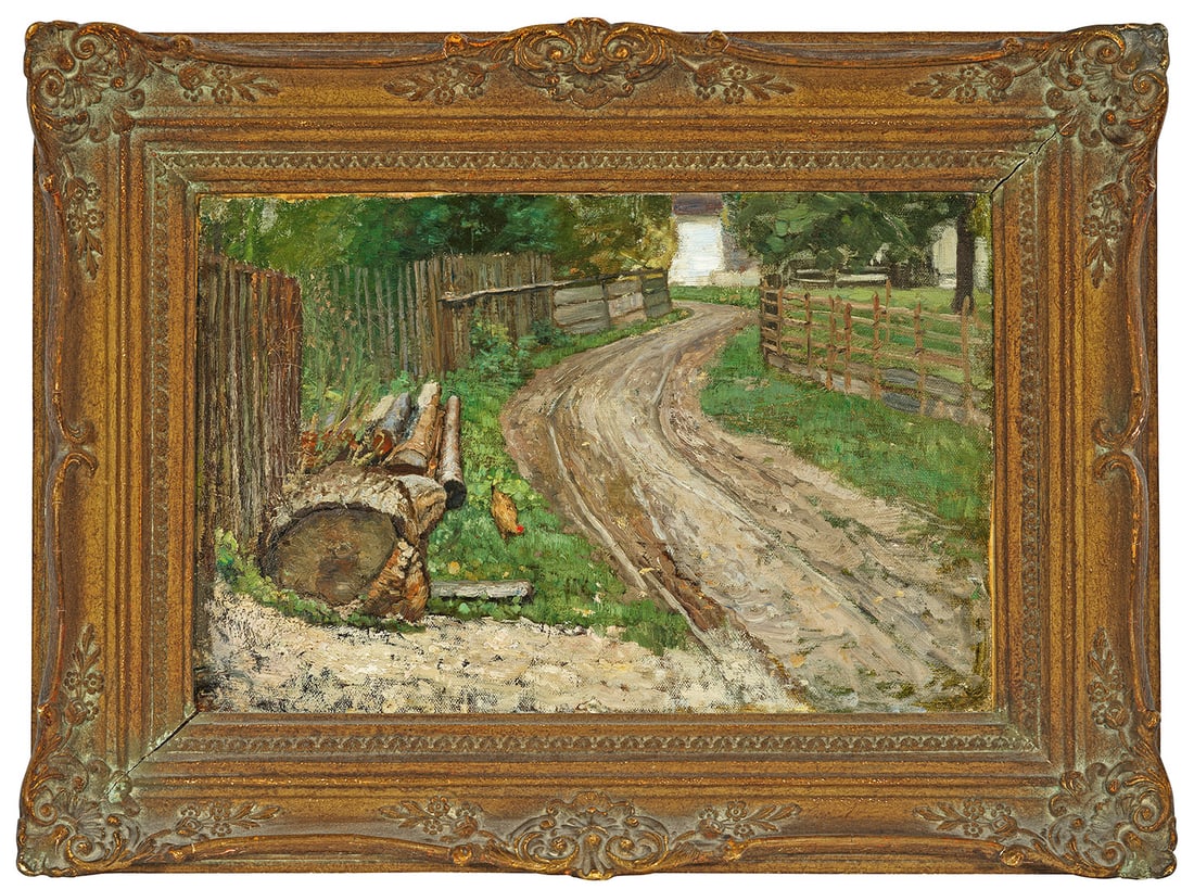 Gustav Kampmann: (1859 Boppard - 1917 Bad Godesberg) "Feldweg in Grötzingen". Originaltitel Im Jahr 1882, in dem er Schüler von Hermann Baisch wurde, malte Kampmann erstmals in Grötzingen. Das vorliegende Werk