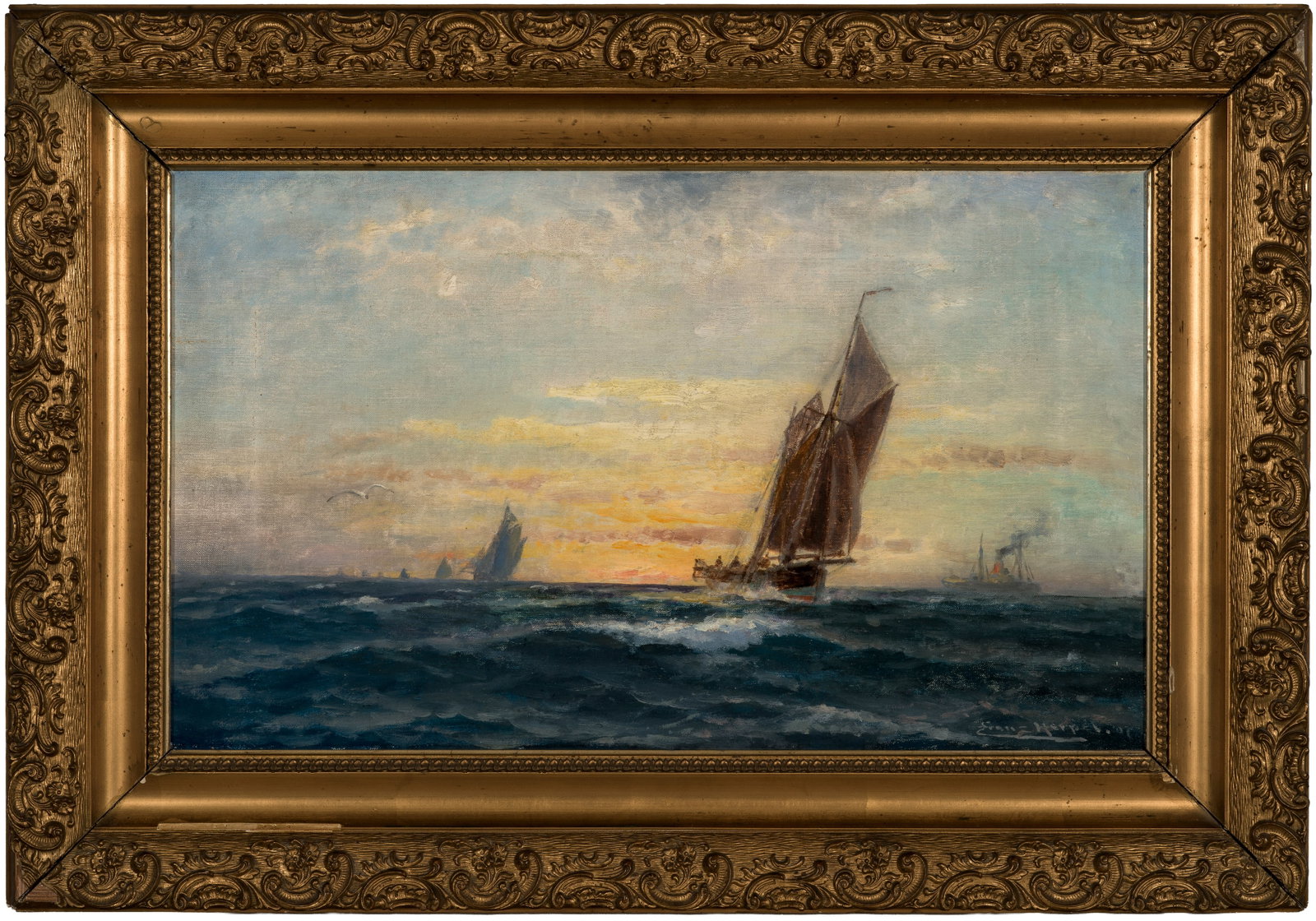 Franz Karl Herpel: (1850 Woronesch/Russland - 1933 Königsberg) "Sonnenuntergang (Nordsee, Doggerbank)". Originaltitel Stimmungsvolle, in das warme Licht der untergehenden Sonne getauchte Impression des Königsberger