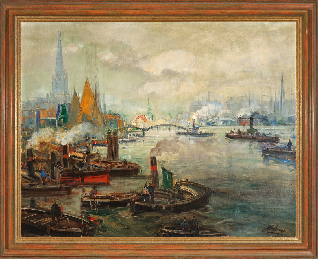Otto Hamel: (1866 Erfurt - 1950 Lohr) Hamburger Hafen Mit virtuosem, schnellen Pinselduktus ausgeführte, charakteristische Vedute des Künstlers, der vor allem durch seine Landschaften, Architekturansichten und