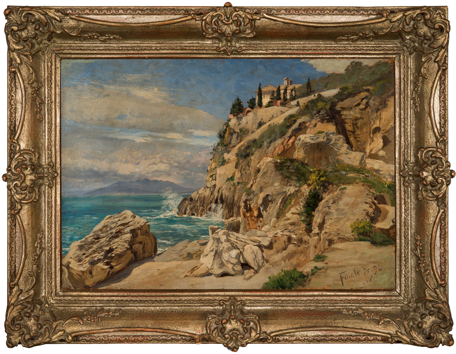 Fritz von Wille: (1860 Weimar - 1947 Düsseldorf) An der ligurischen Küste Stimmungsvolle Küstenimpression an der Riviera bei Finale Ligure. Durch eine fein nuancierte, warme Palette und eindrucksvolle