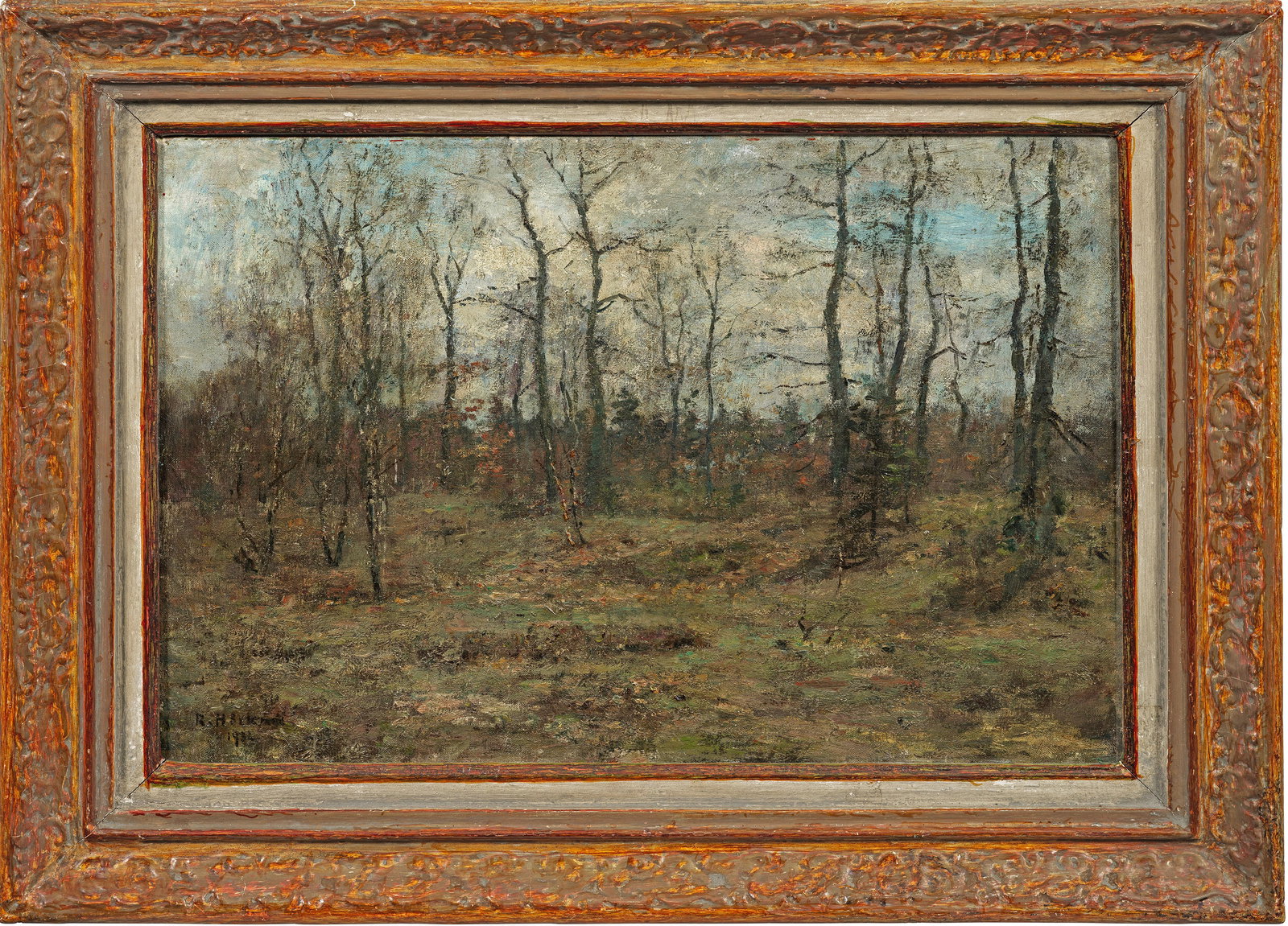 Rudolf Höckner: (1864 Gut Hilmersdorf bei Wolkenstein/Erzgeb. - 1942 Bad Mergentheim a. d. Tauber) Birkenwald im Vorfrühling Mit lockerem Duktus in Grün- und Erdtönen angelegte Waldimpression. Das in Motiv und