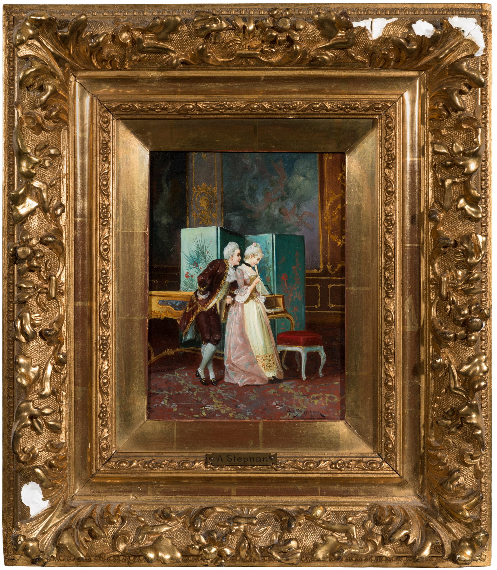Stephan Sedlacek: (1868 Königstetten - 1936 Wien) Galante Szene im Musiksalon In feiner Manier ausgeführte, charakteristische Szene Sedlaceks, der mit Vorliebe elegante Rokokomotive in prunkvollen Interieurs aus der