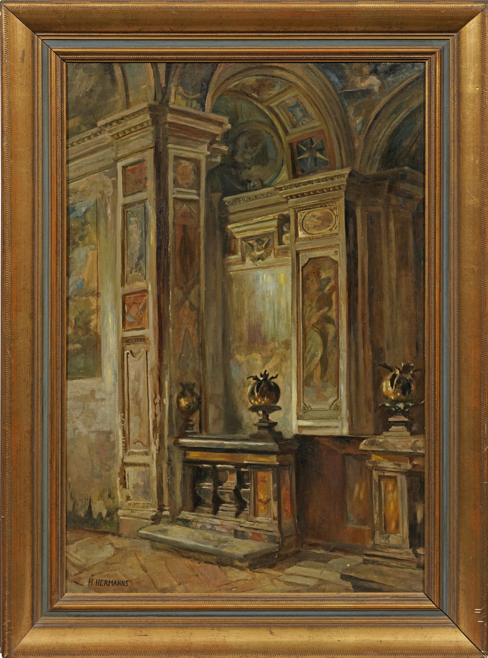 Heinrich Hermanns: (1862 Düsseldorf - 1942 ebenda) Barockes Kircheninterieur Ausschnitthaft konzipierte Innenansicht einer barocken Kirche mit Blick auf eine Chorwand mit Rundbogen und Altarnische, die sich hinter eine