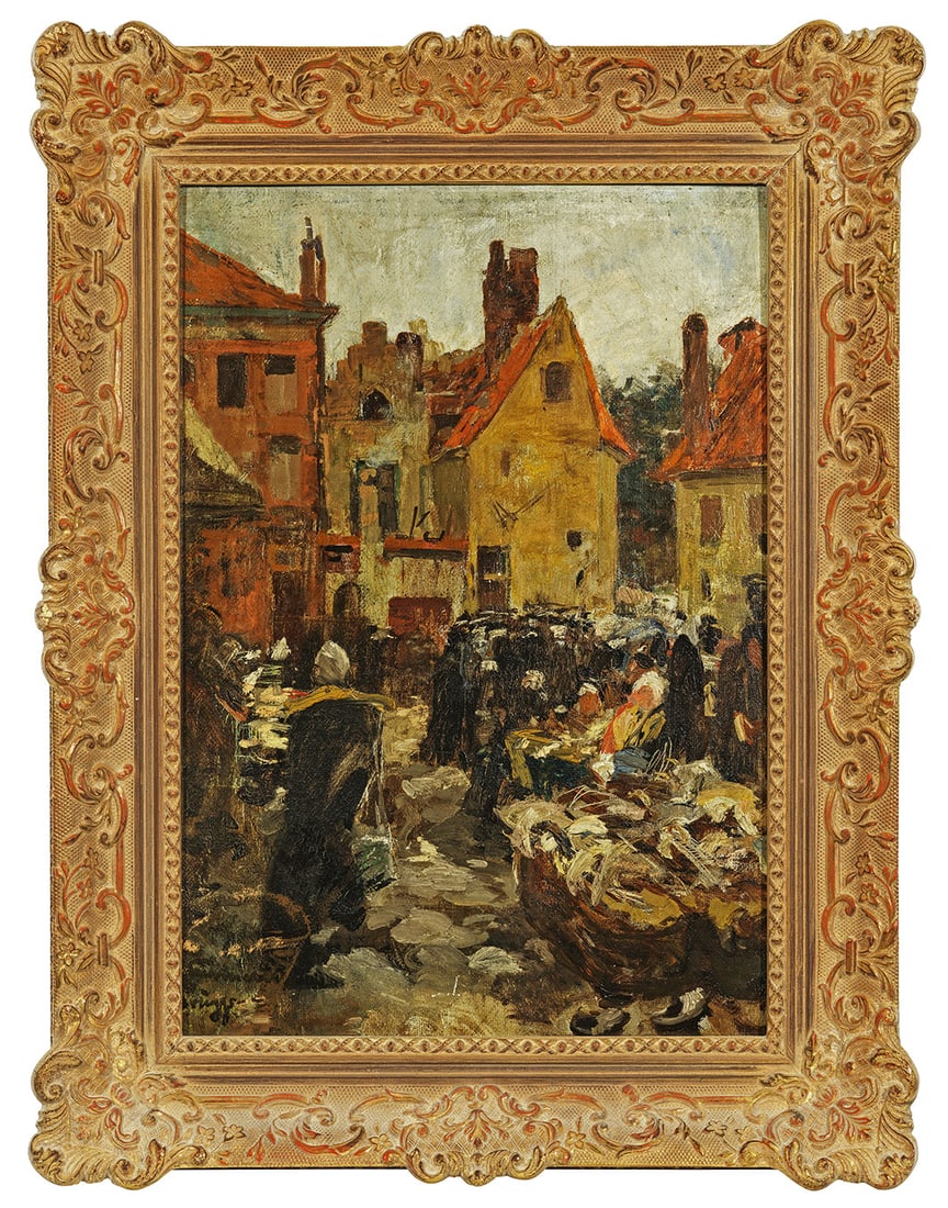 August Lemmer: (1862 Köln-Deutz - 1933 Karlsruhe) "Fischmarkt zu Brügge". Originaltitel In äußerst dynamischem, schwungvollem Duktus schildert Lemmer den stark frequentierten, belebten Markt vor malerischer