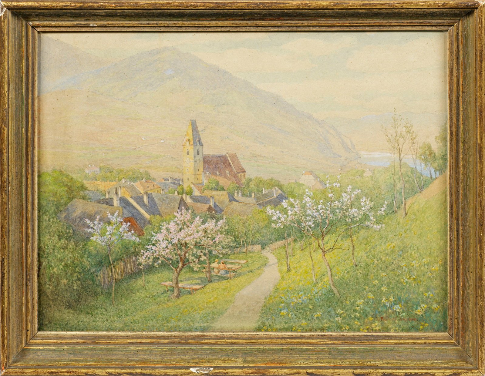 Rudolf Weber: (1872 Wien - 1949 Krems an der Donau) "Frühling in Spitz a(n). d(er). D(onau).". Origialtitel Heiter und lichtdurchflutet angelegter Blick über eine blühende Streuobstwiese mit rastenden Wanderern,