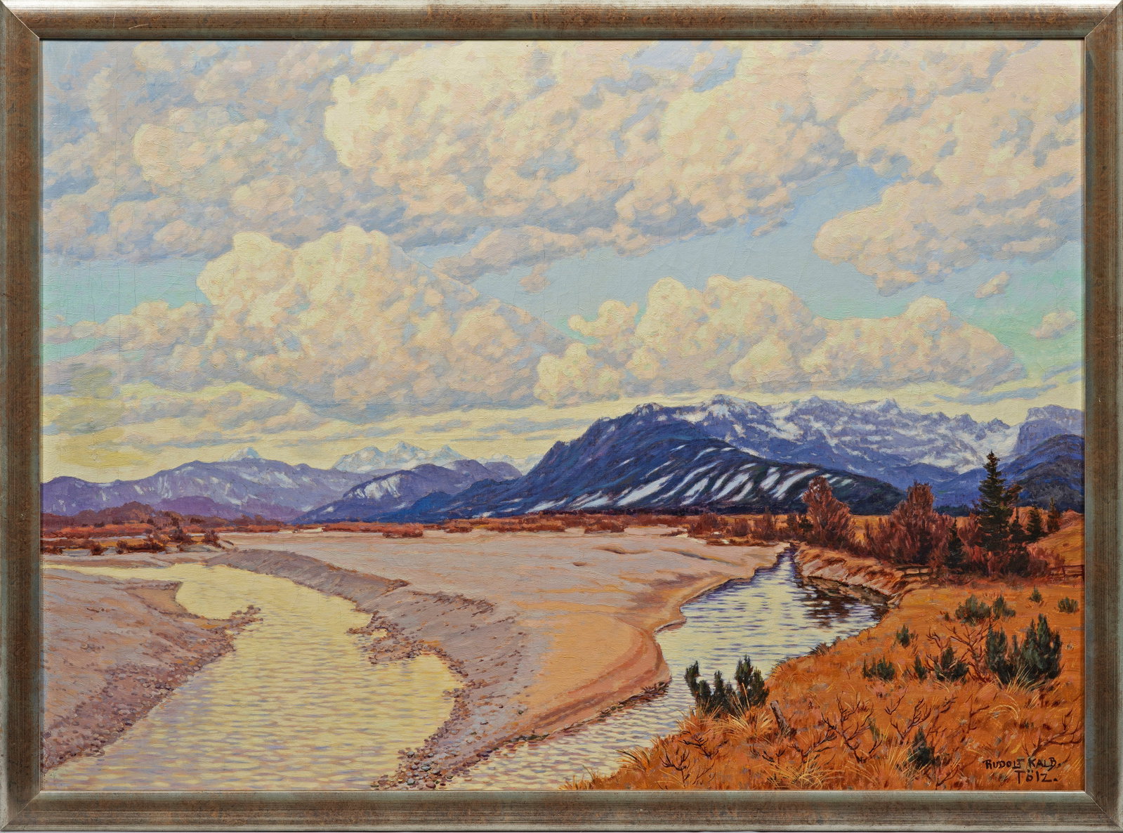 Rudolf Kalb: (1874 München - 1944 Bad Tölz) Große Isar-Landschaft bei Bad Tölz Der Münchener Landschaftsmaler stellte seit 1905 u. a. im Münchener Kunstverein, später auch im Glaspalast in München aus. Sch