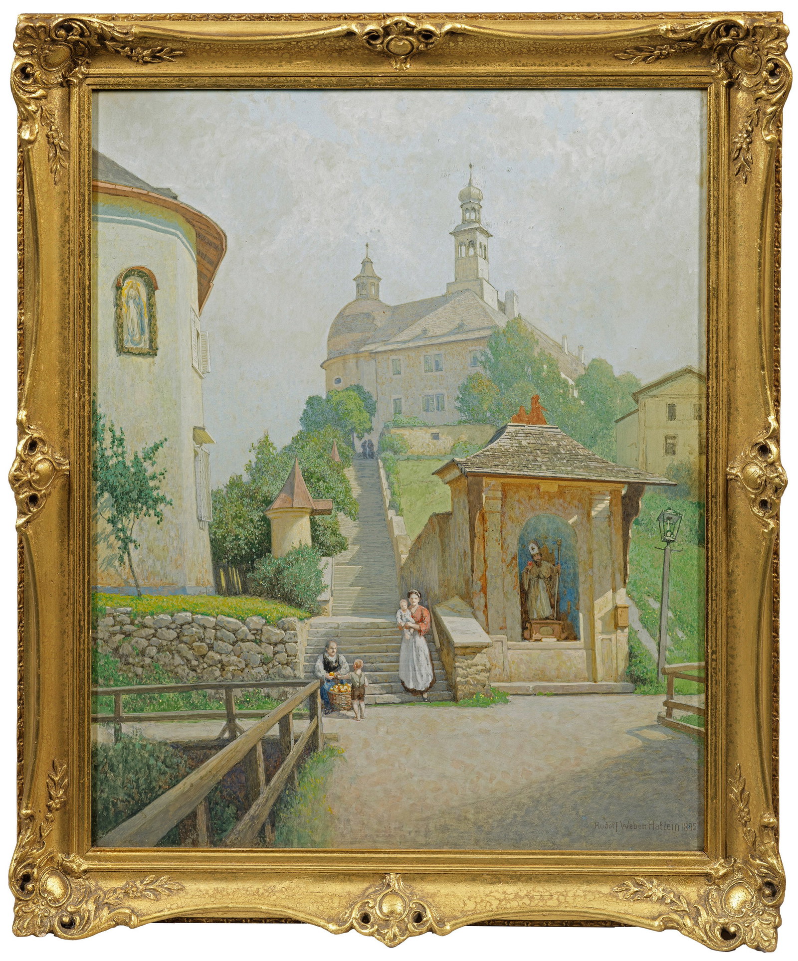 Rudolf Weber: (1872 Wien - 1949 Krems an der Donau) Am Fuße des Georgbergs in Hallein Sommerliche, sonnendurchflutete Impression aus Hallein im Tennengau. Am Fuße der steinernen Treppe haben sich zwei Frauen mit 