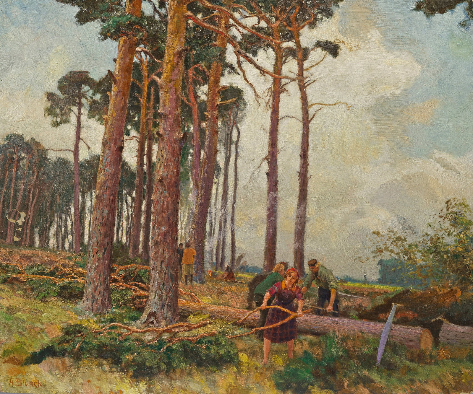 August Blunck: (1858 Hamburg-Altona - 1946 Berlin) Waldarbeiter bei Mahlow Unter duftig bewölktem Himmel schildert Blunck Frauen und Männer in einem Kiefernwald. Öl/Karton. L. u. sign.; Verso mit Ortsangabe und d