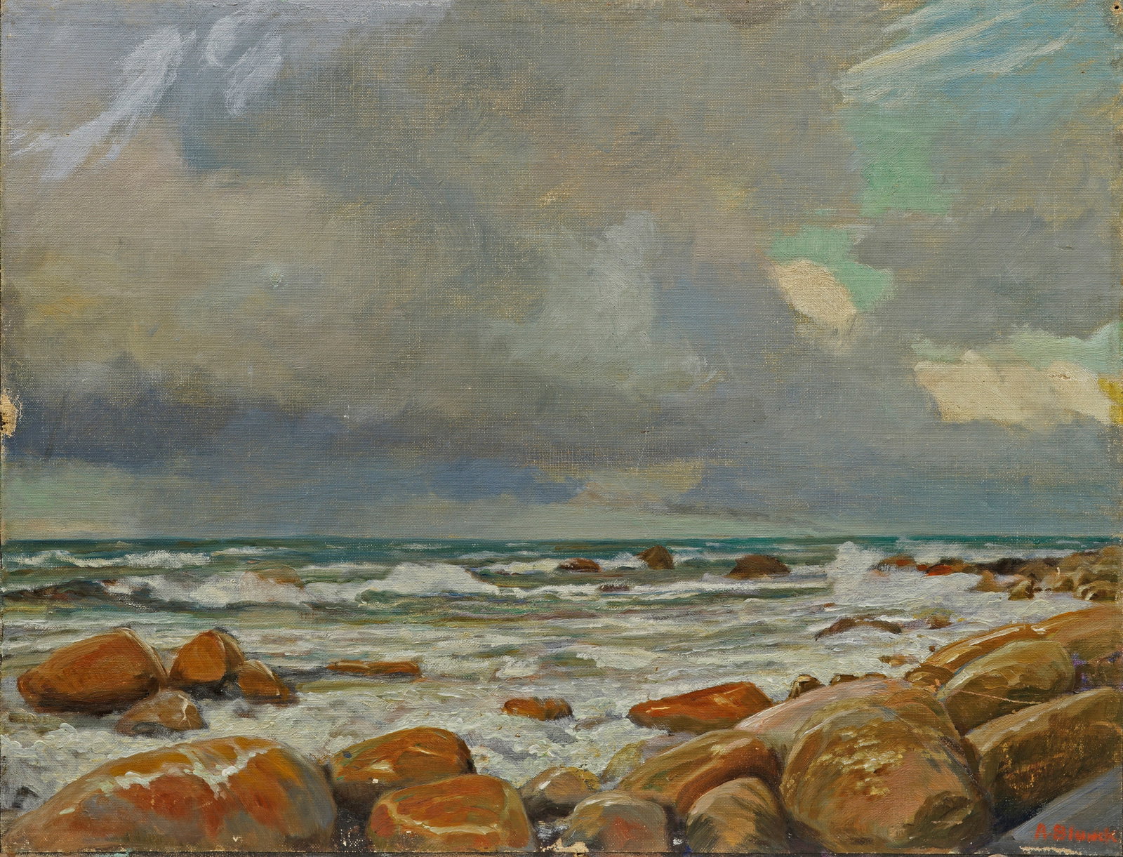 August Blunck: (1858 Hamburg-Altona - 1946 Berlin) Stürmischer Tag an der Küste auf Rügen Unter bedrohlich dunklen Wolken geschilderte, stürmische Ansicht der Felsenküste am Kap Arkona auf Rügen mit schäumend