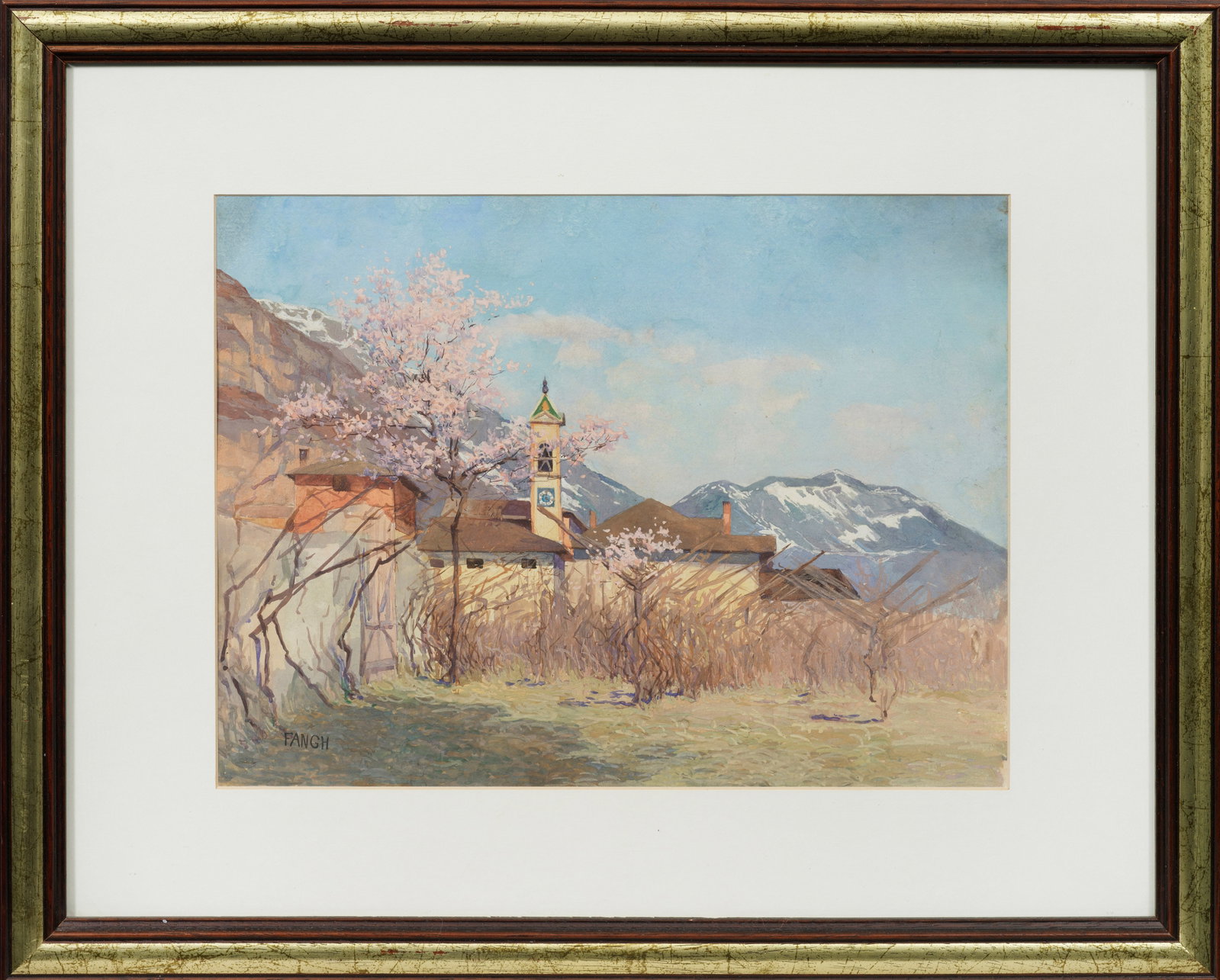 Dezsö (Desiderius) Köszegi-Fangh: (1876 Sopron - 1947 Baden bei Wien) Die Schneeschmelze in Südtitrol Vor zartrosa blühenden Obstbäumen fällt der Blick auf ein malerisches Bergdorf, während im Hintergrund die schiefergrauen, noch