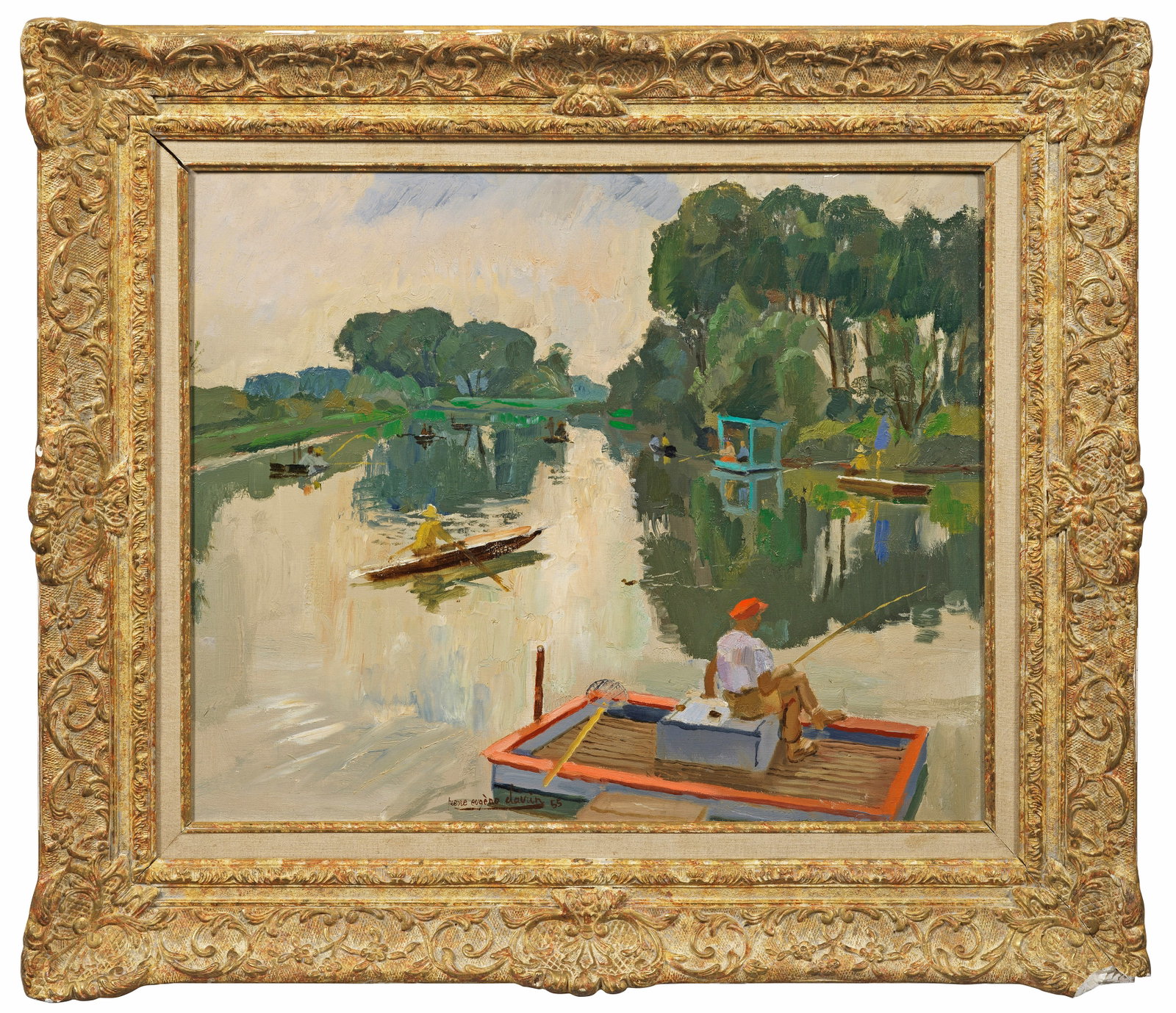 Pierre Eugene Dairin: (Französischer Landschaftsmaler. Tätig im 20. Jh.) Seine-Landschaft mit Anglern und Ruderern Mit breitem Duktus und weich-pastosem Farbauftrag ausgeführte Flusslandschaft von betonter Flächigkeit 