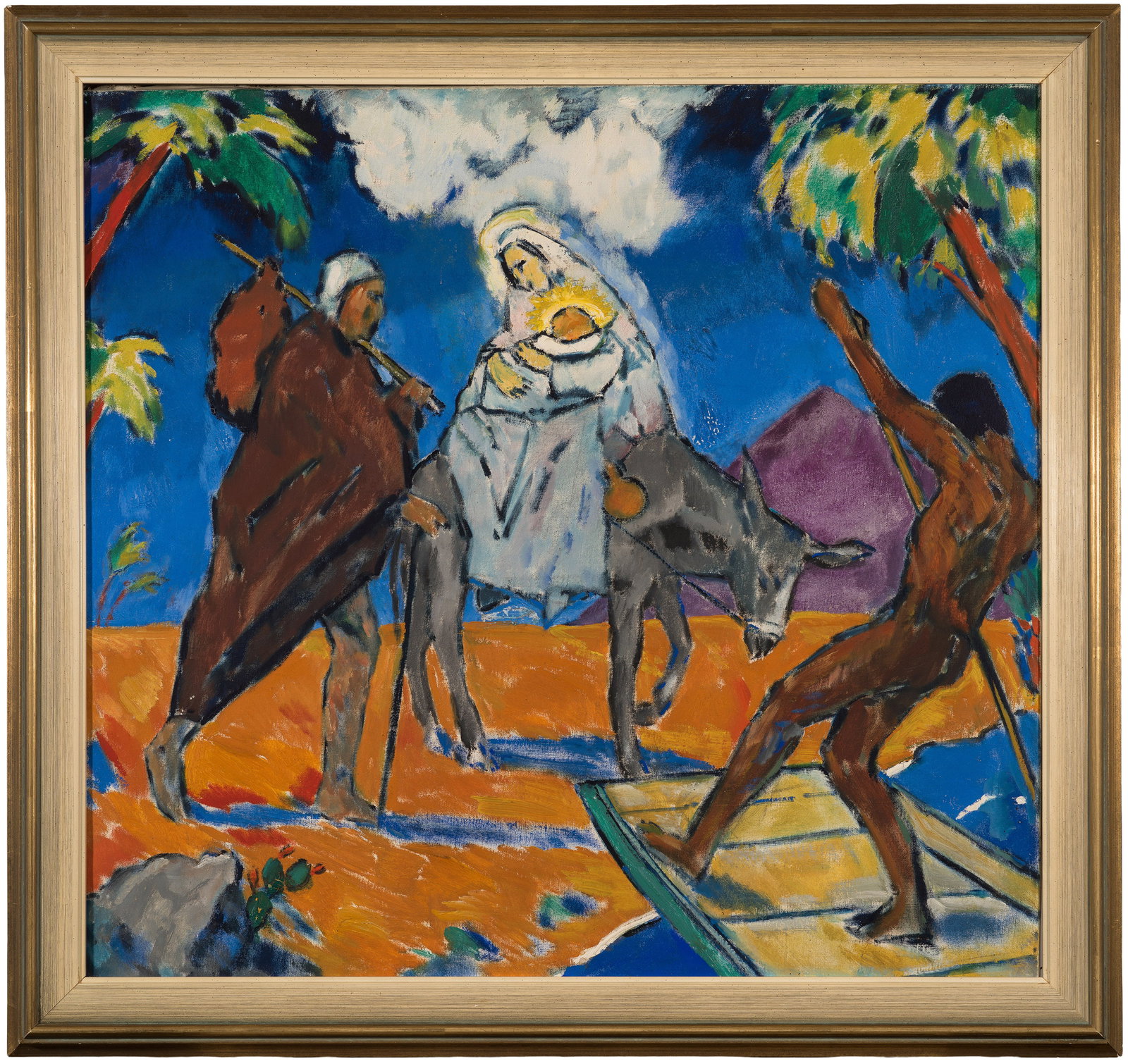 Otto Beyer: (1883 Kattowitz - 1962 Berlin) attr. oder Umkreis Flucht nach Ägypten In leuchtender Farbigkeit, expressivem Duktus und flächig angelegter Komposition schildert das Werk die Flucht der heiligen Fami