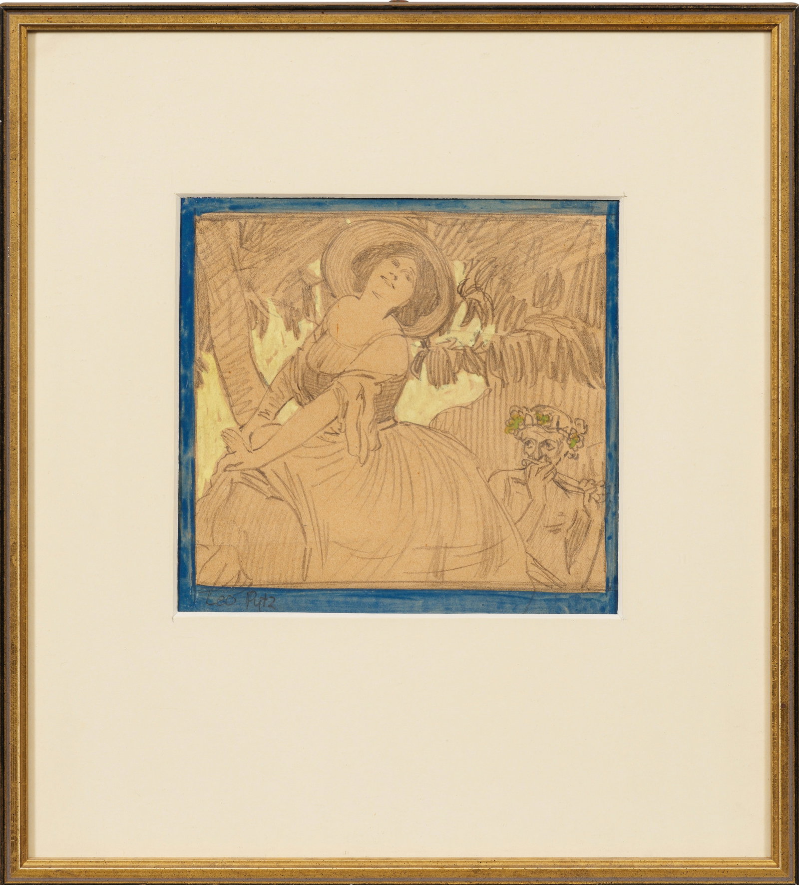 Leo Putz: (1869 Meran - 1940 ebenda) Dame mit Faun Inmitten der Natur unter dicht bewachsenem Blattwerk lauscht die junge Dame hingebungsvoll den sinnlichen Klängen des Flöte spielenden Fauns, der sie verstoh