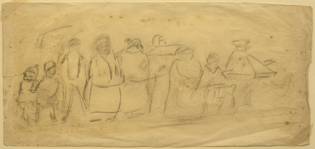 Heinrich Zille: (1858 Radeburg - 1929 Berlin) Wartende Passanten Ganz auf den typischen Umriss der einzelnen Figuren hin angelegte, unmittelbar entstandene Studie. Zille war ein Schüler des Malers, Illustrators und 