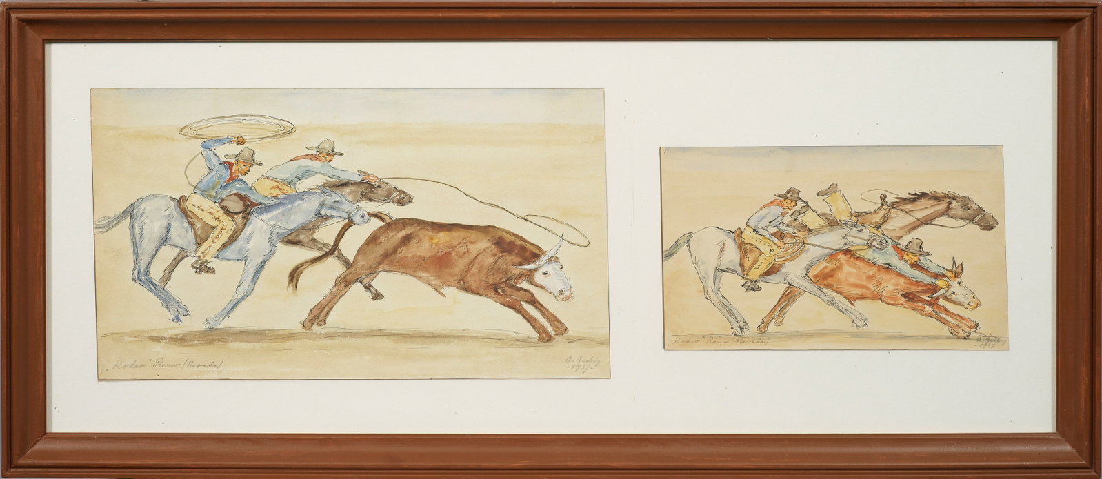 Alexander Gerbig: (1878 Suhl - 1948 ebenda) Zwei Blätter "Rodeo". Originaltitel Dynamische Schilderungen zweier, reitender Cowboys, die gerade ein Rind mit dem Lasso bzw. mit ganzem Körpereinsatz fangen. Auf die Dyna
