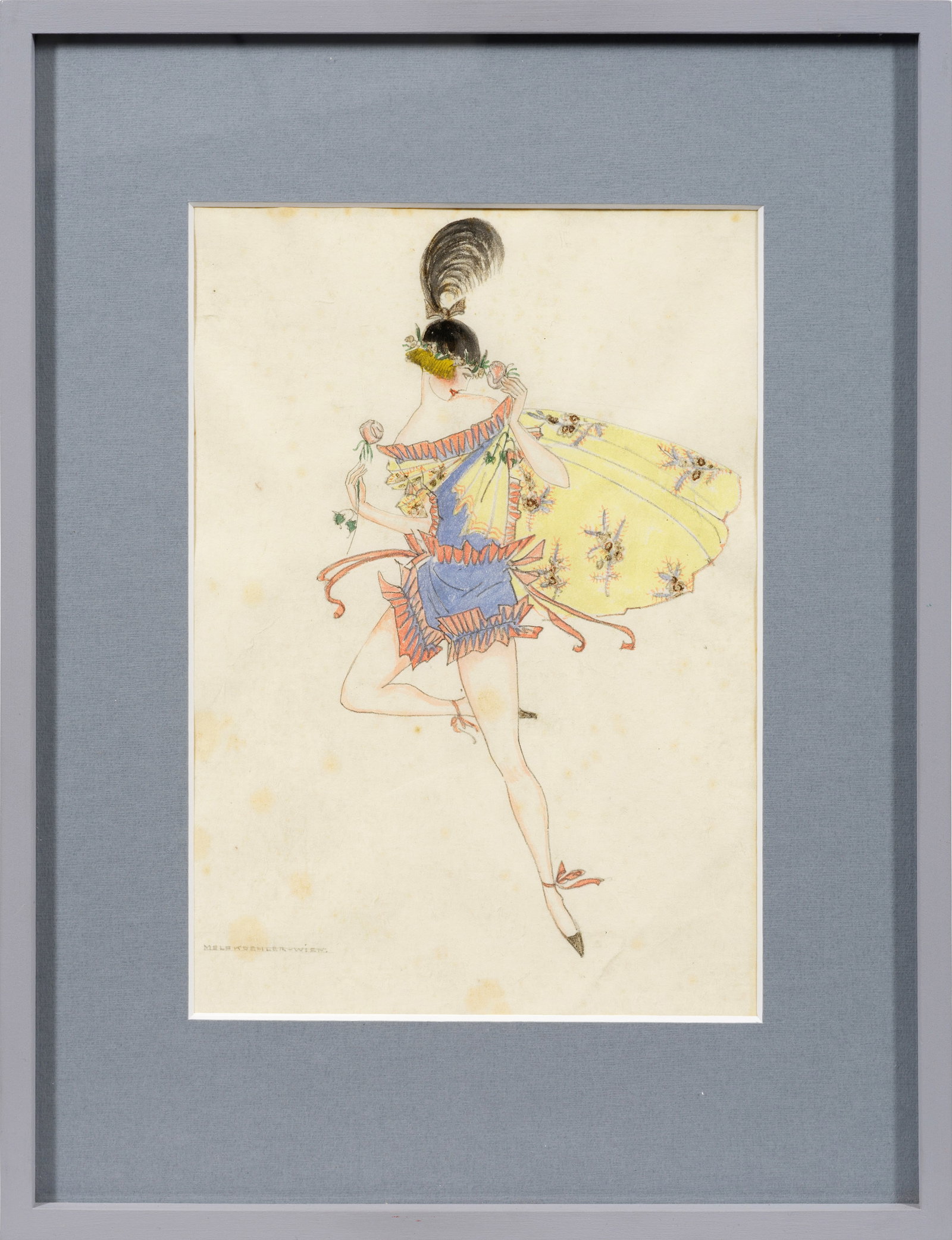 Mela Koehler (Köhler): (1885 Wien - 1960 Stockholm) Modefigurine Die bedeutende Malerin, Grafikerin, Kostümbildnerin und Modedesignerin war Mitglied der Wiener Werkstätte, besuchte 1905-1910 die Kunstgewerbeschule bei Kol