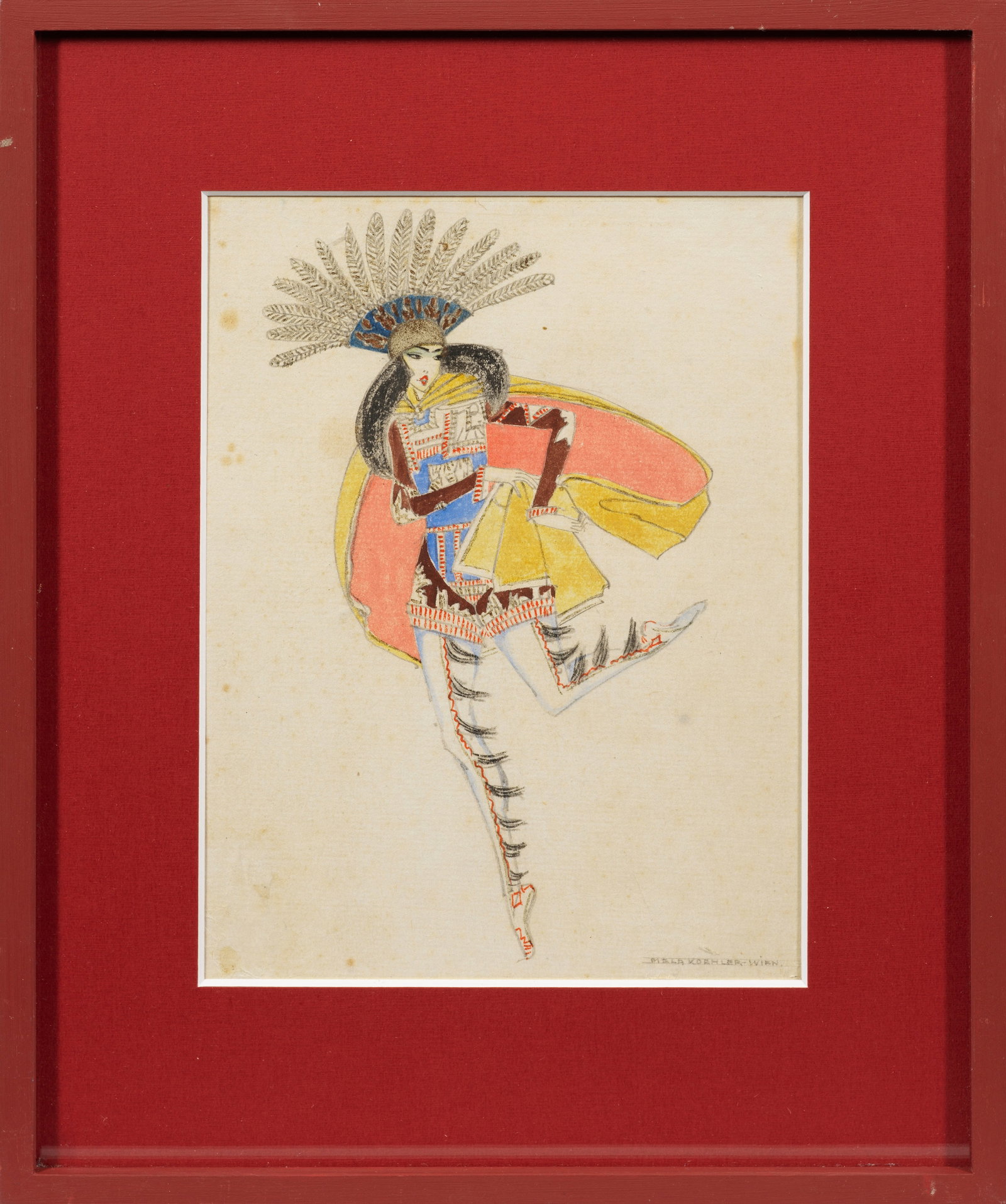 Mela Koehler (Köhler): (1885 Wien - 1960 Stockholm) Modefigurine Die bedeutende Malerin, Grafikerin, Kostümbildnerin und Modedesignerin war Mitglied der Wiener Werkstätte, besuchte 1905-1910 die Kunstgewerbeschule bei Kol