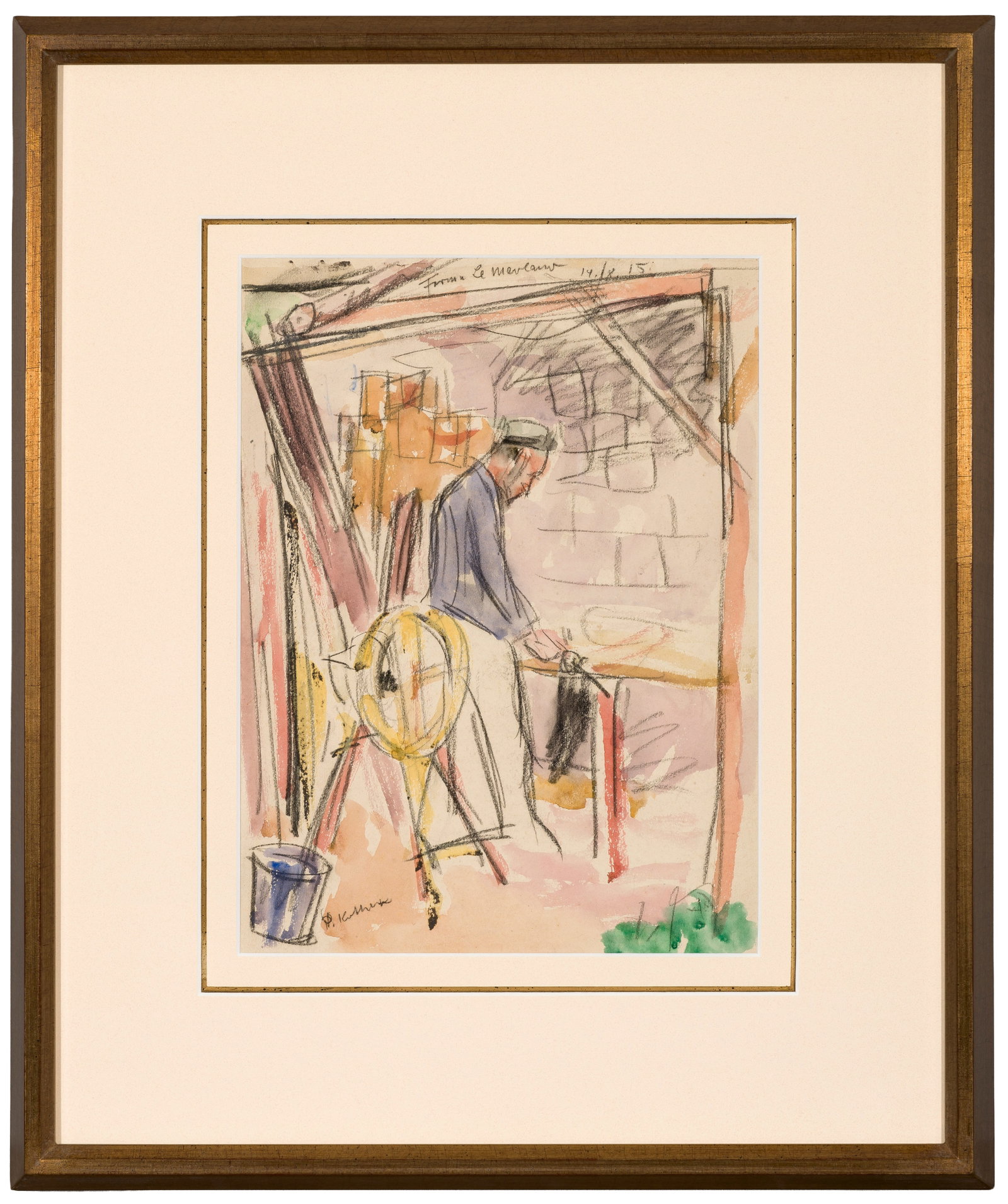 Paul Kother: (1878 Leipzig - 1963 Weimar) Mann in Werkstatt Mit kraftvollen, dynamischen Strichen skizzierte Darstellung eines Mannes an einer Werkbank. Diese Szene auf einem Bauernhof in der Gemeinde Merlaut im D