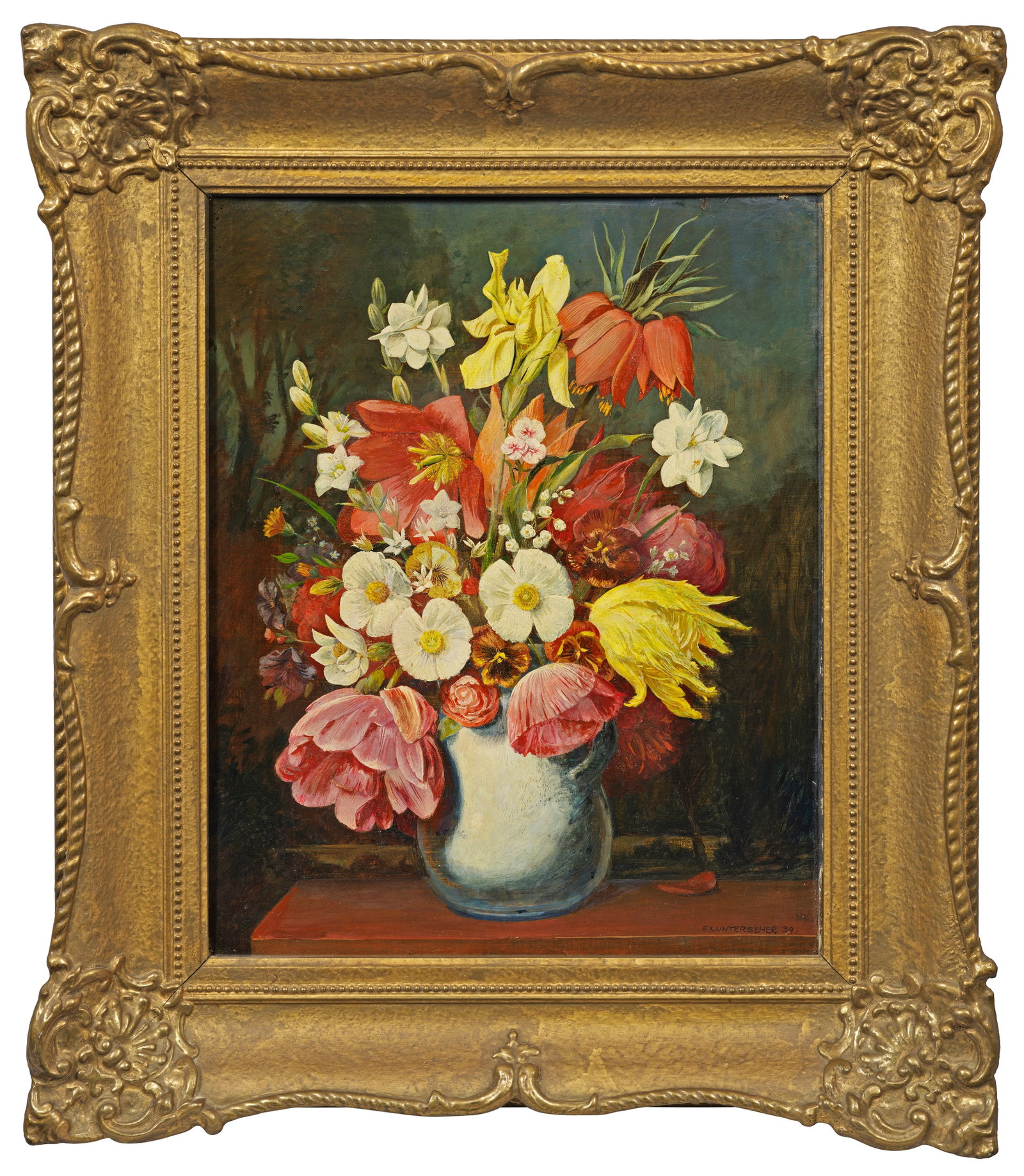 Franz-Xaver Unterseher: (1888 Göppingen - 1954 Kempten) Blumenstillleben Lebendig gemalter, farbenfroher Sommerblumenstrauß mit Tulpen, Veilchen, Anemonen, Schwertlilien und Kaiserkrone. Unterseher studierte in München an