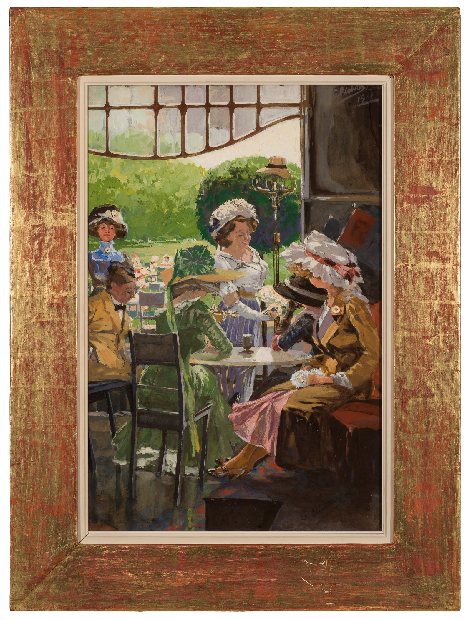 Georg Richter-Lößnitz: (1891 Leipzig - 1938 Großenhain) Im Parkcafé Sommerlich heiter gestimmte Impression eines belebten Parkcafés in der Zeit der Jahrhundertwende. Gouache/Papier. R. oben und u. sign., dat. 1911. Verso