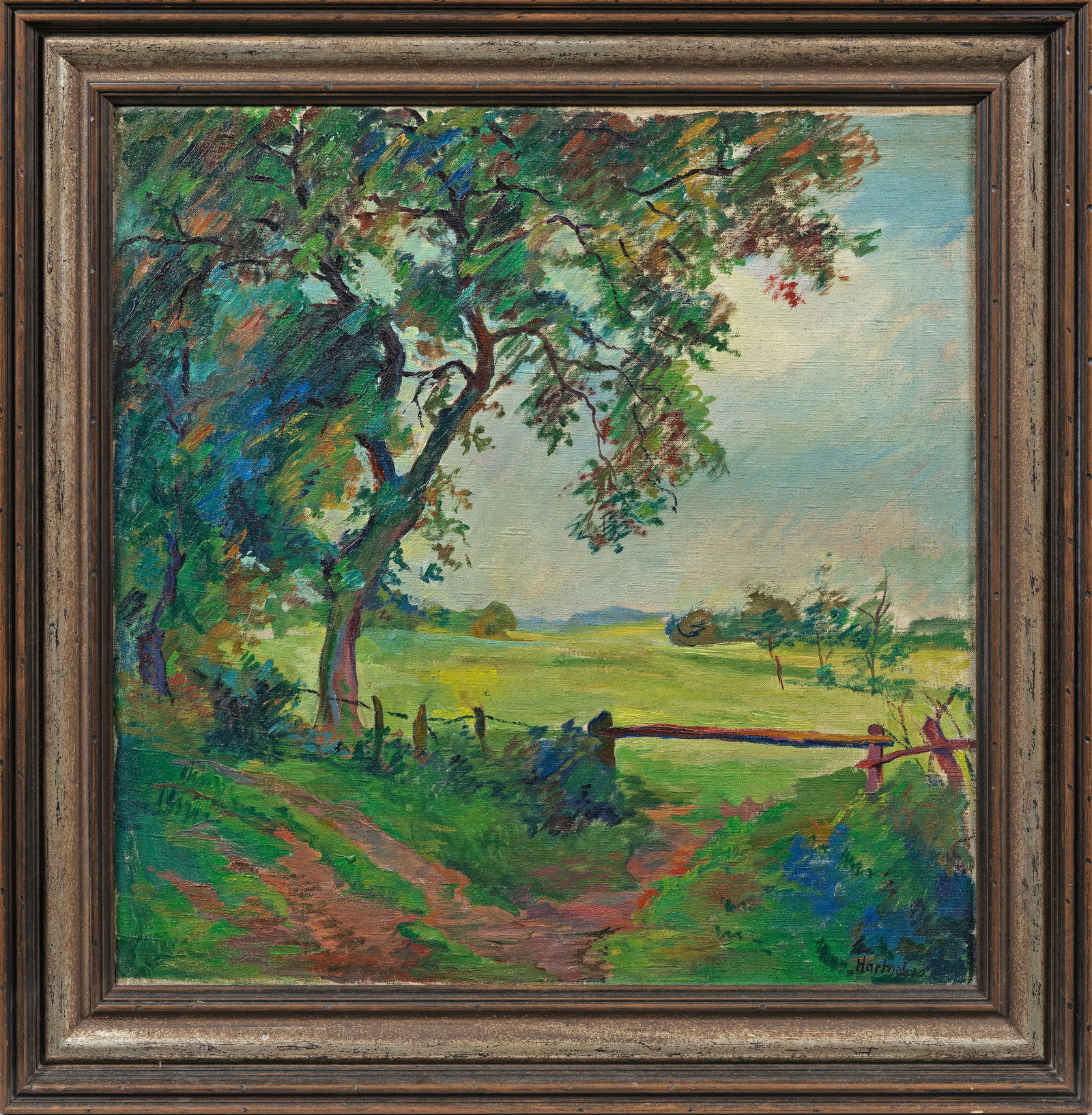 Rudolf Franz Hartogh: (1889 Hamburg - 1960 Fischerhude) Am Waldrand Sommerlich heiterer Blick von einem schattigen Feldweg am Waldrand auf eine sonnendurchflutete Lichtung mit weiten Wiesen und Feldern. Mit raschem Pinsels